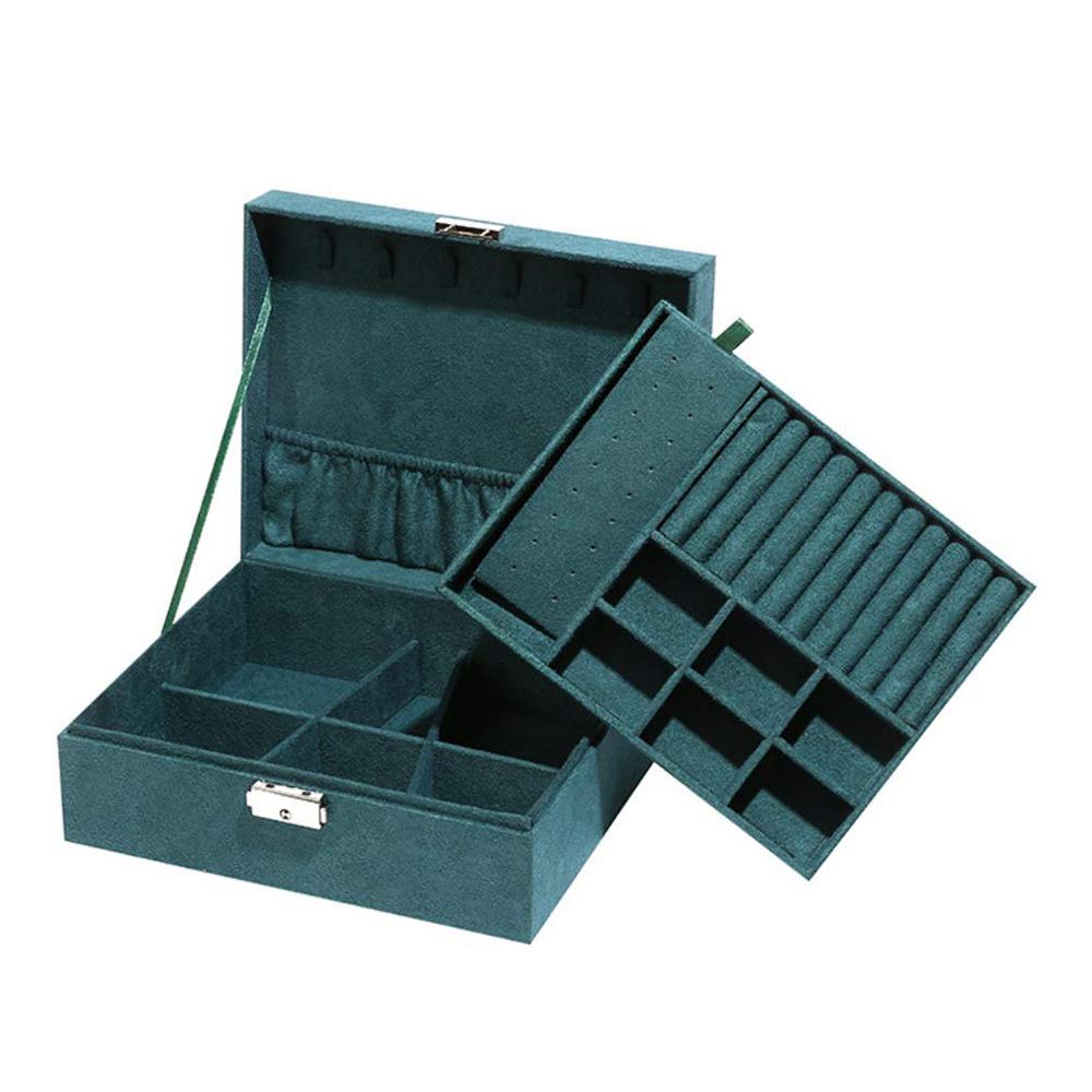 2-Layer Lockable Suede Jewelry Organizer Box - Portable Leather Storage Case for Watches, Earrings, Rings, Necklaces & Bracelets (Dark Green) | Travel, Home & Gift Use