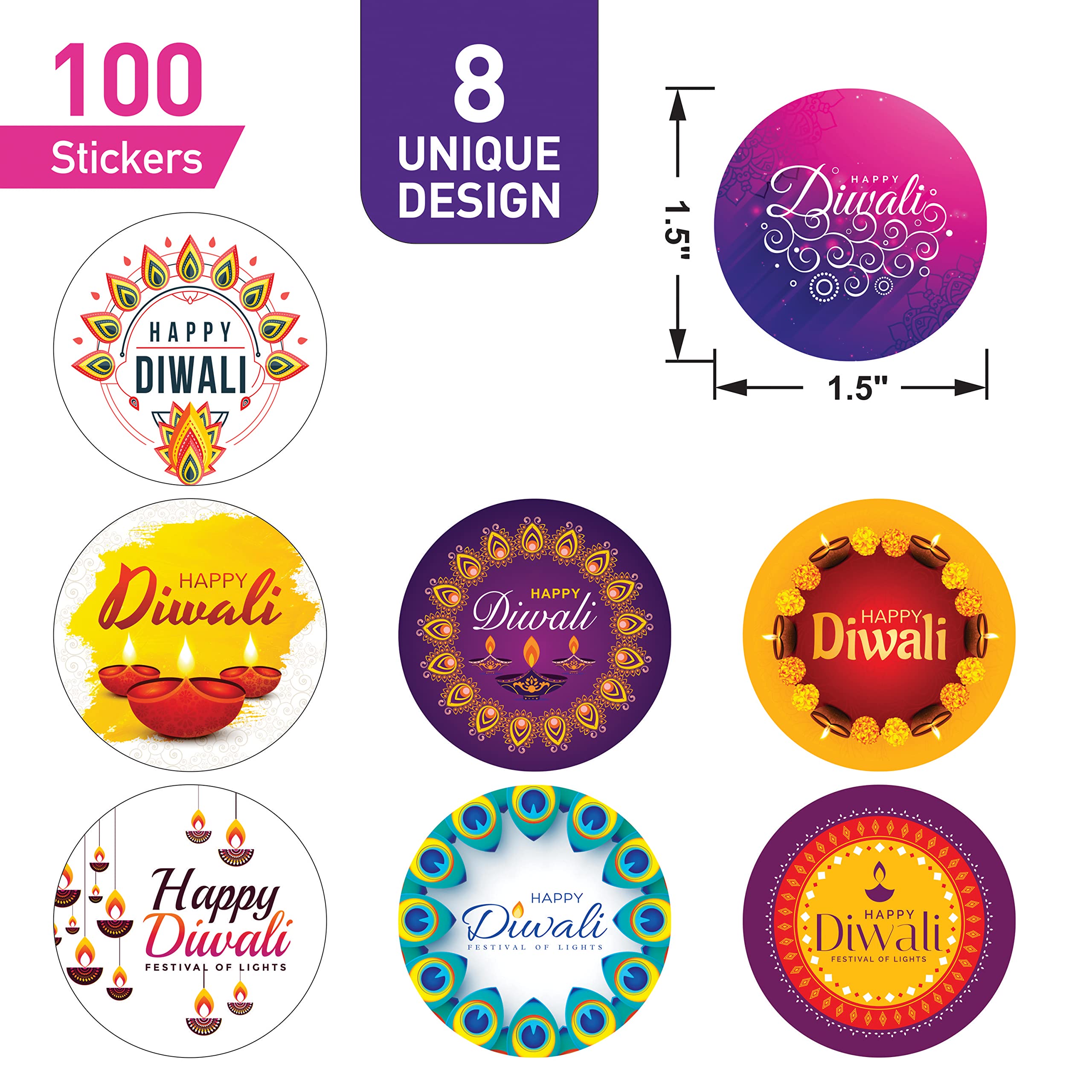Happy Diwali Round Stickers 1.5 Inch - 100pc Pack for Party Decorations, Gift Wrapping, Candy Jars, Bottles & Diwali Celebration Supplies - Perfect for Festive Gifts, Bags, Boxes and Home Decor