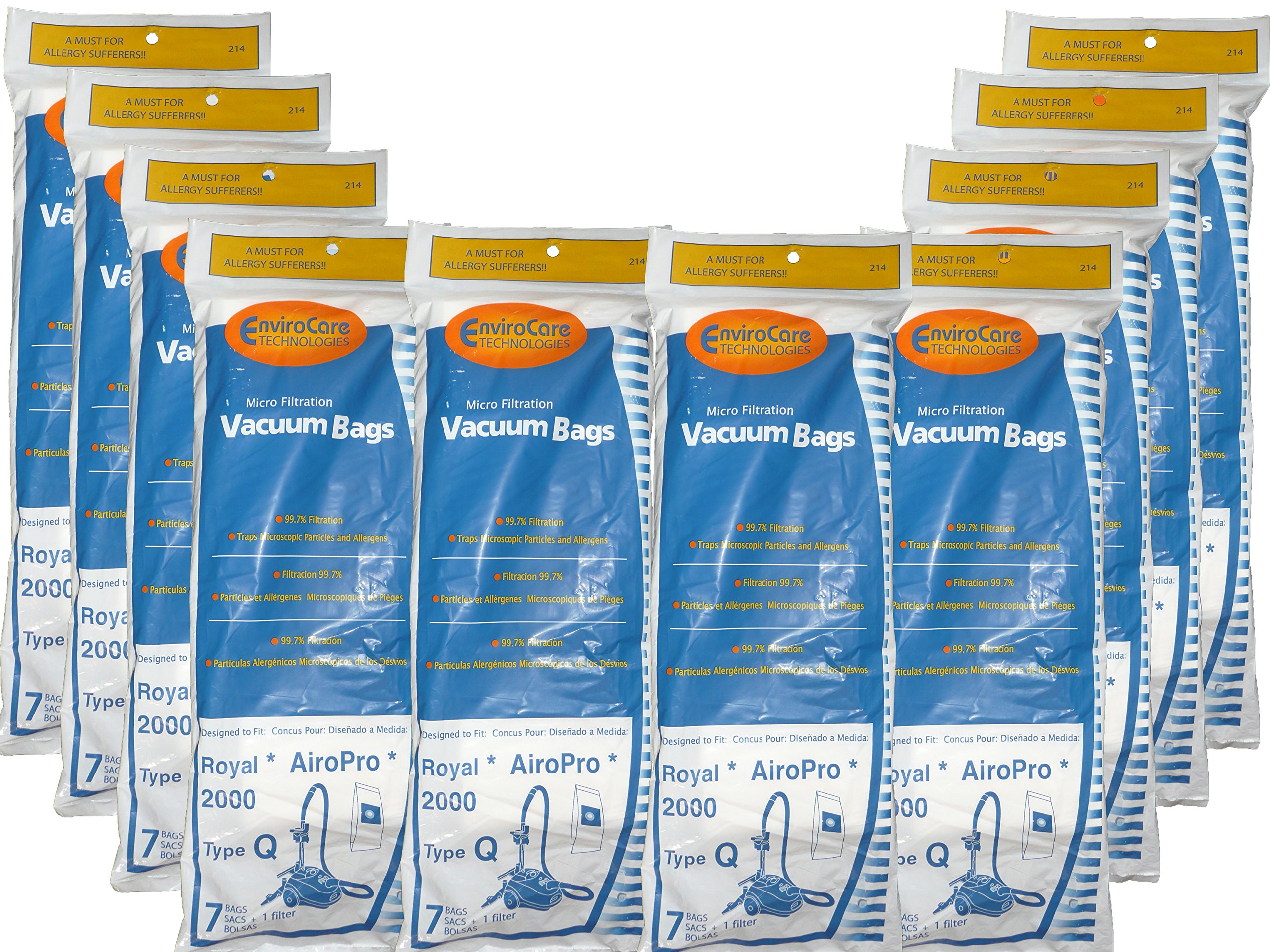70 Royal Type Q Allergy Vacuum Bags with HEPA Filter - Compatible with AirPro Ry 2000, Aire & Canister Vacuum Cleaners (Model 3-RY2100-001/RY2100) - Ideal for Pet Hair, Dust & Allergen Removal in Homes & Offices
