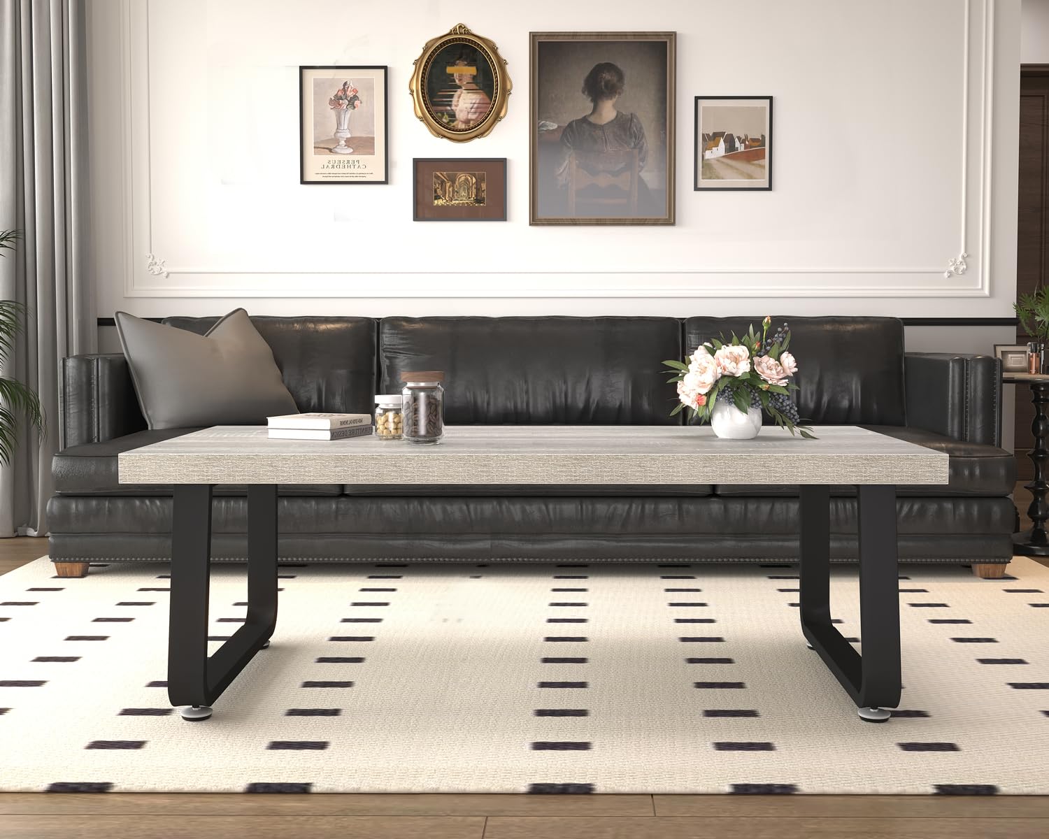HSH Industrial Coffee Table - Modern Minimalist Wooden Rectangle Living Room Table for Small Spaces - Farmhouse Style Wood & Metal Tea Table - Light Grey Oak Finish - 47 Inch - Perfect for Home, Bedroom, Office & Apartment Decor