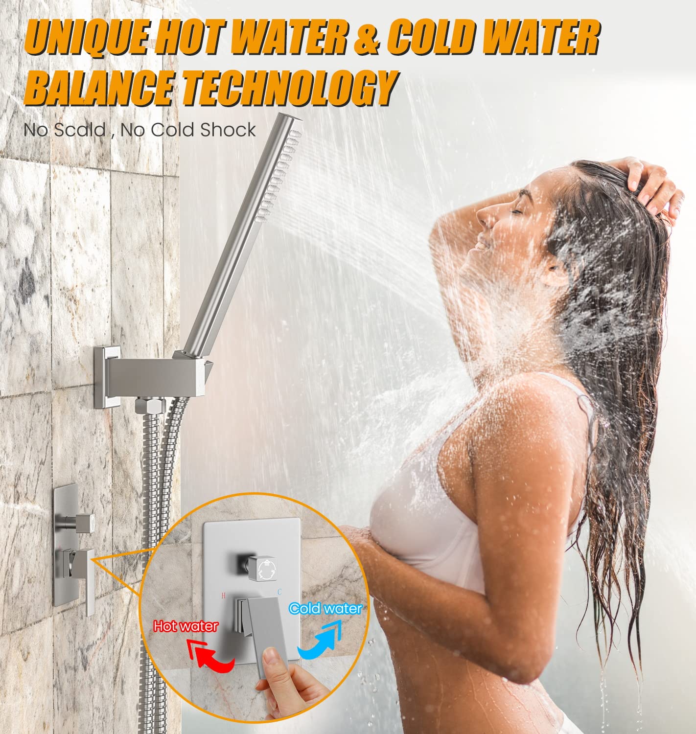 EMBATHER 12-Inch Shower System with Tub Spout - High Pressure Rainfall Showerhead & Handheld Spray - Chrome Bathroom Faucet Set (Includes Shower Valve & Trim Kit) - Perfect for Modern Bathroom Renovations & Spa-Like Shower Experience