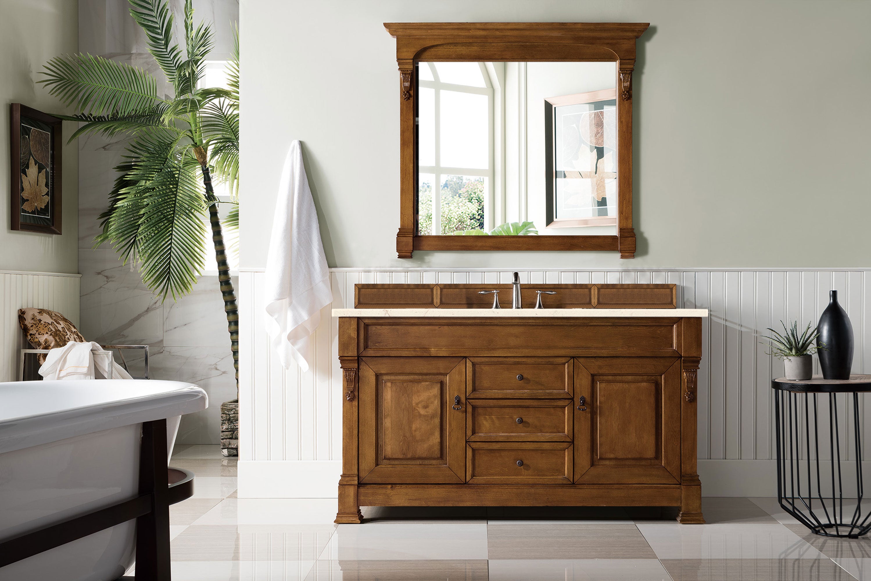 Brookfield 60 Inch Single Bathroom Vanity with Country Oak Finish & 3CM Eternal Marfil Quartz Countertop - Perfect for Modern Farmhouse, Rustic, or Traditional Bathroom Designs
