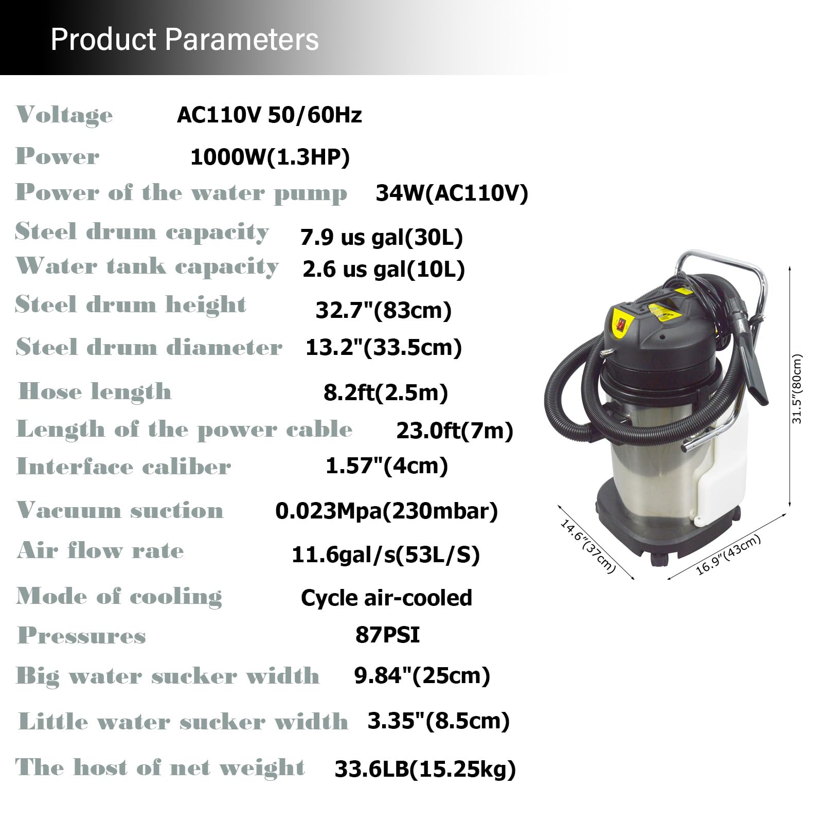 30L Wet & Dry Vacuum Cleaner - 3-in-1 Commercial Carpet & Floor Cleaner with 1000W Powerful Suction, 110V - Ideal for Home, Office, and Car Detailing