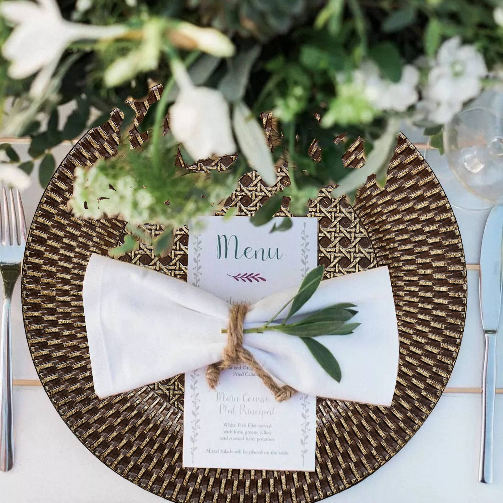 Rustic Faux Rattan Charger Plates - Set of 6 Elegant Round Plastic Plate Chargers for Dinner, Wedding, Party & Holiday Decor - Plaid Design for Farmhouse & Boho Table Settings