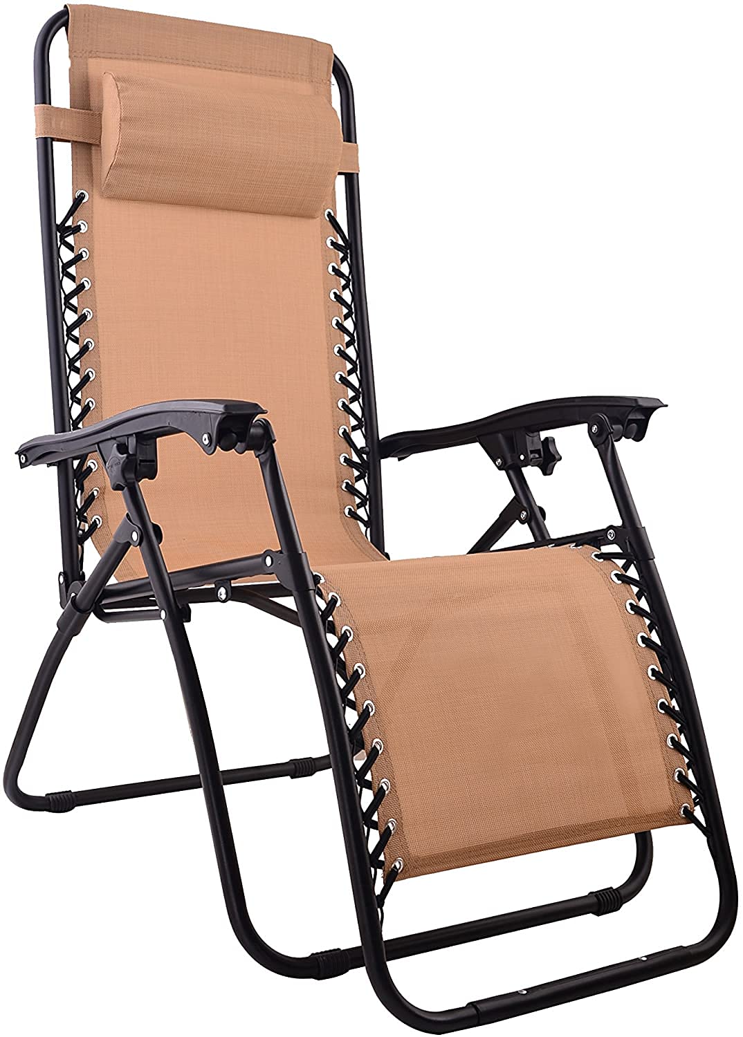 BTEXPERT Adjustable Steel Mesh Zero Gravity Lounge Chair - Outdoor Patio Recliner for Beach, Yard & Garden - Includes Pillow, Utility Tray & Cup Holder - Tan Beige (1-Piece) - Perfect for Relaxing by Pool, Sunbathing or Backyard Lounging
