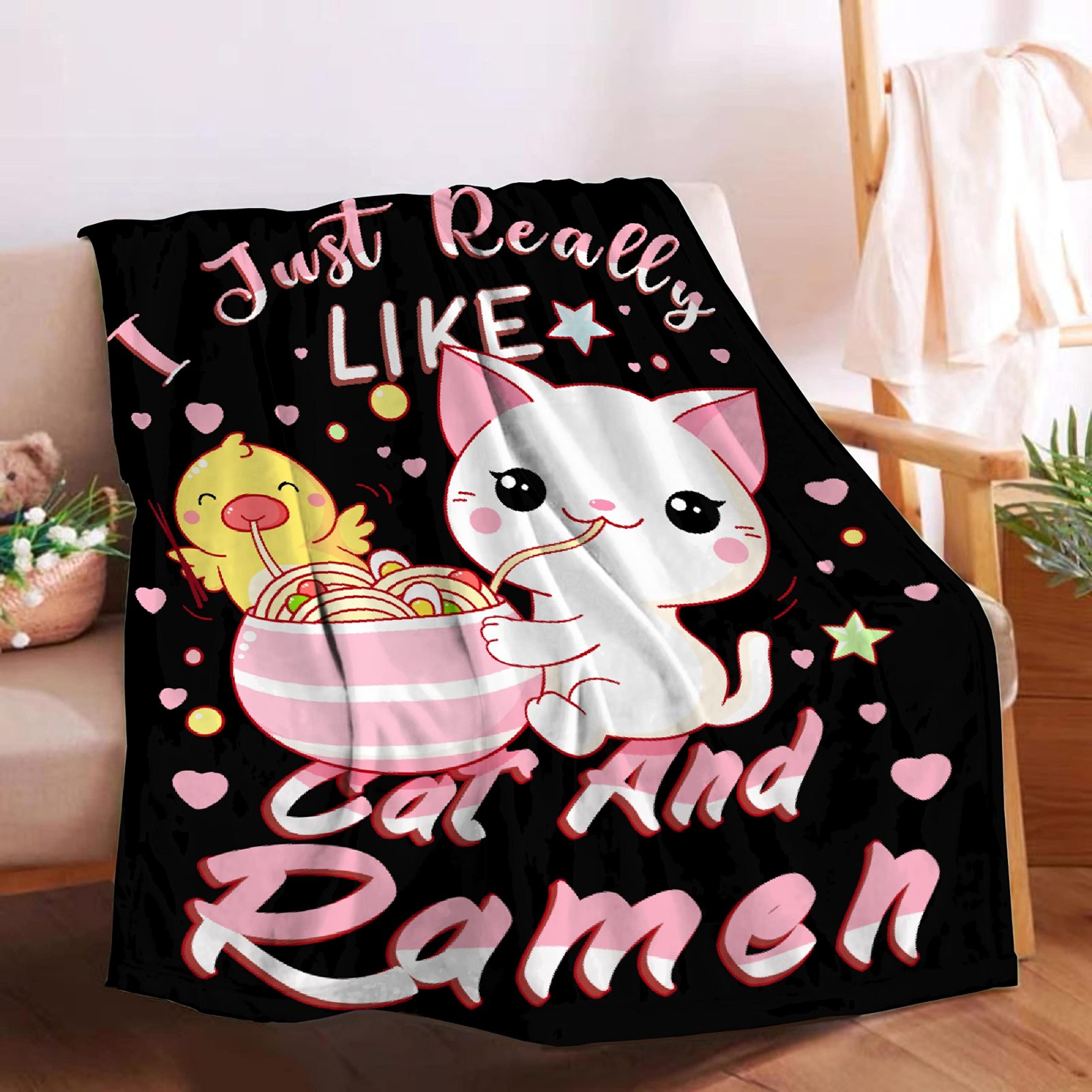 Jojizaio Soft Flannel Cat & Ramen Blanket - Extra Large 120x90 Inch Cozy Lightweight Throw for Bed, Sofa & Couch - Perfect Gift for Cat Lovers, Anime Fans & Family Use at Home, Office or Travel