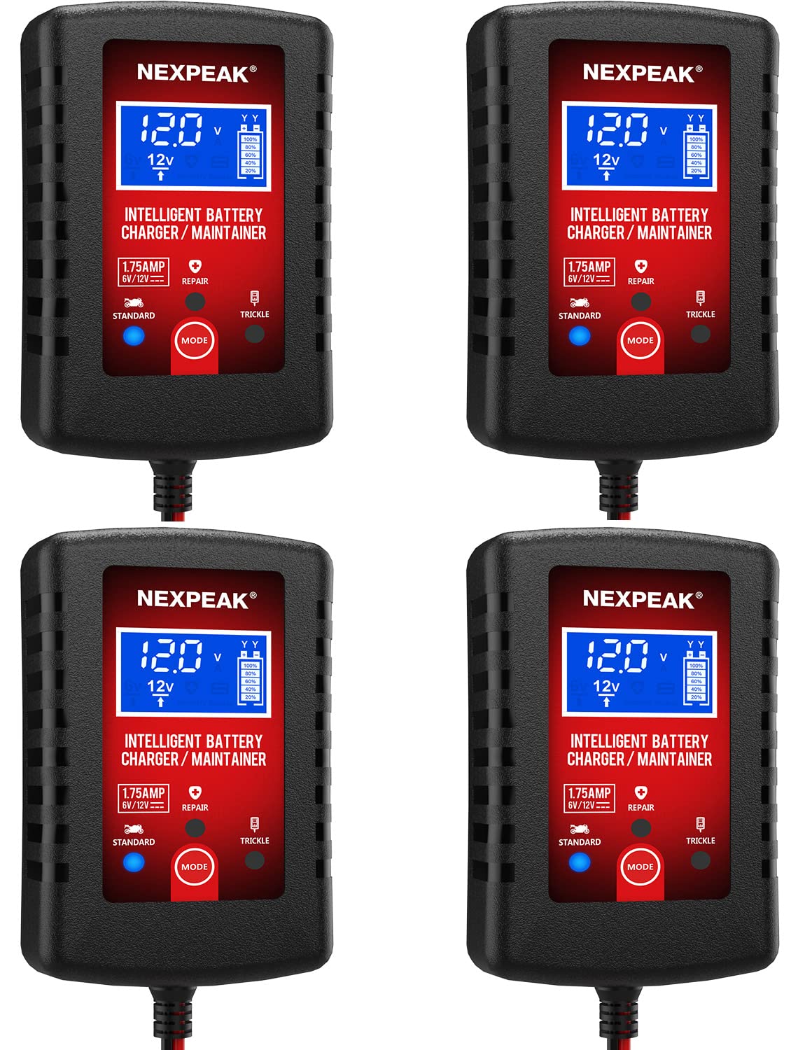 4-Pack 1.75-Amp Smart Car Battery Charger & Maintainer - 6V/12V Automatic Trickle Charger with Desulfator for Cars, Motorcycles, Boats, Lawn Mowers & Marine Batteries - Perfect for Winter Storage & Seasonal Vehicle Maintenance