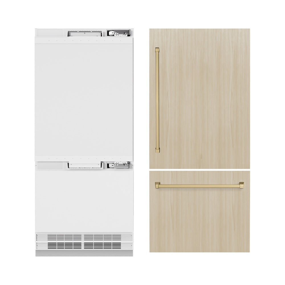 ZLINE Autograph Edition 36 Inch Panel Ready Built-In Bottom Freezer Refrigerator - 19.8 cu ft Capacity with Water Dispenser & Ice Maker - Champagne Bronze Accents (RBITZ 36 CB) - Perfect for Modern Kitchens & Luxury Homes