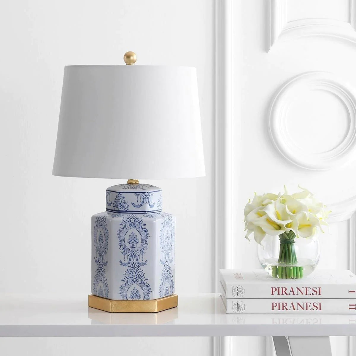 Blue and White Lapis Ceramic Table Lamp with Gold Accent - Set of 2, Elegant Home Decor for Living Room, Bedroom, or Office Lighting