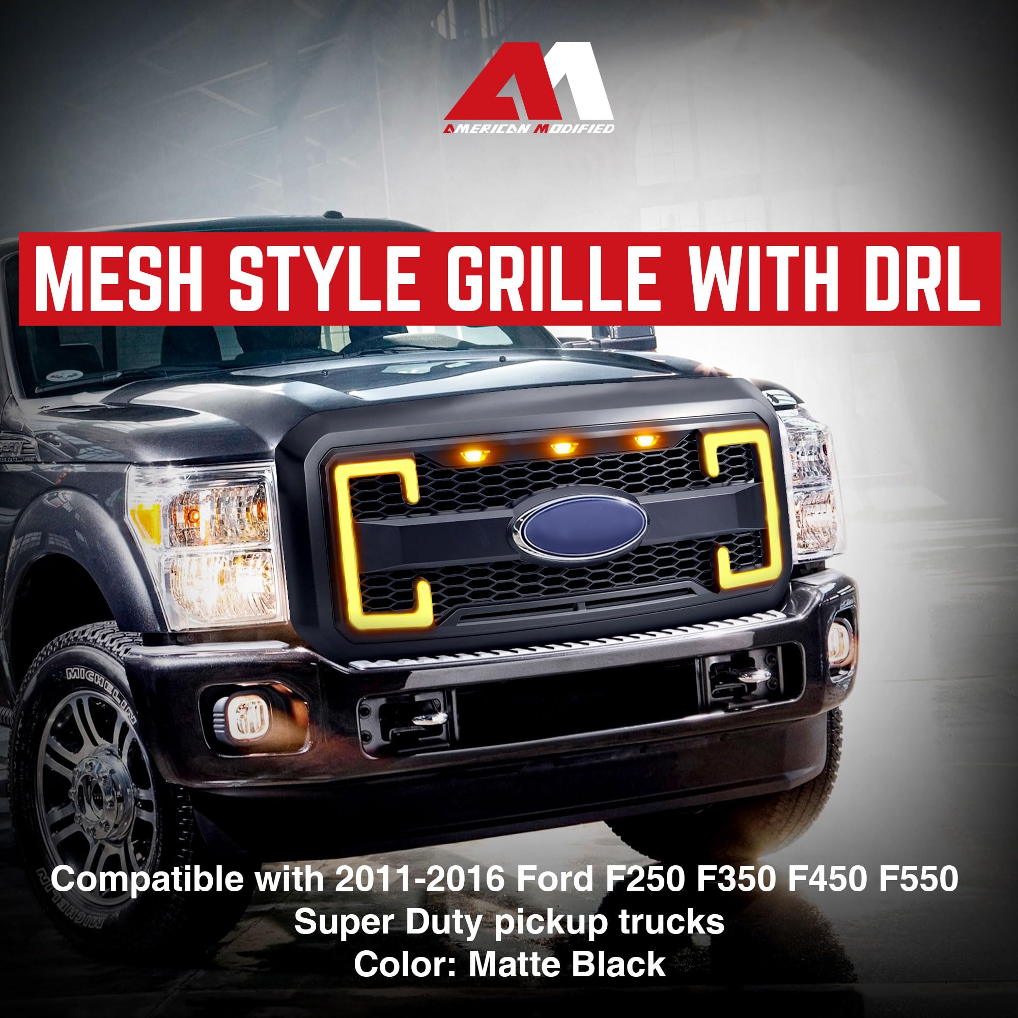**2011-2016 Ford F250 F350 F450 F550 Matte Black Raptor Front Grille with DRL & Turn Signal Lights | Heavy-Duty Truck Upgrade | Off-Road & Street Style Enhancement**