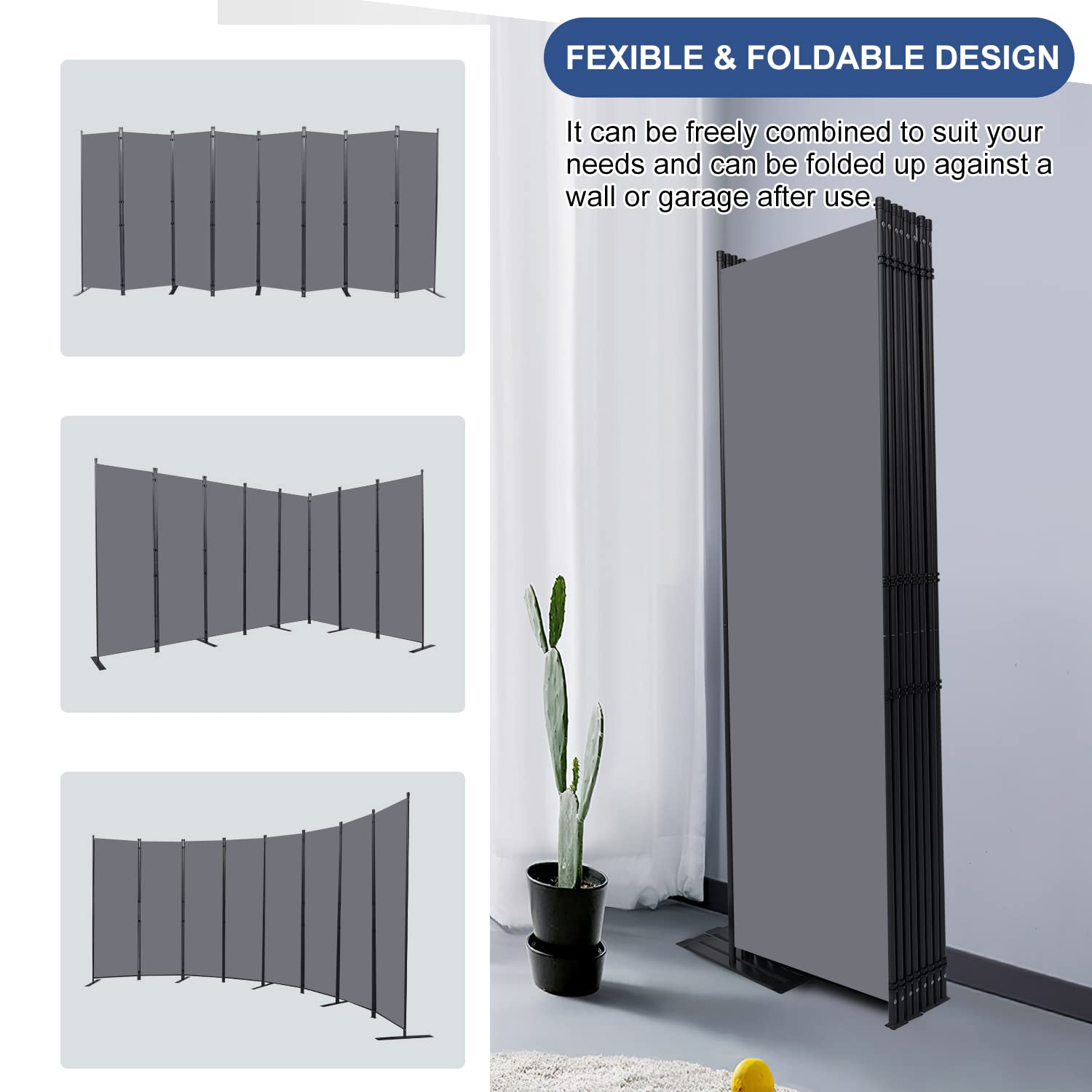 8-Panel Room Divider & Folding Privacy Screen - Freestanding Fabric Partition for Office, Bedroom, Studio & Dorm | Space-Saving Room Separation Solution for Home & Workspaces