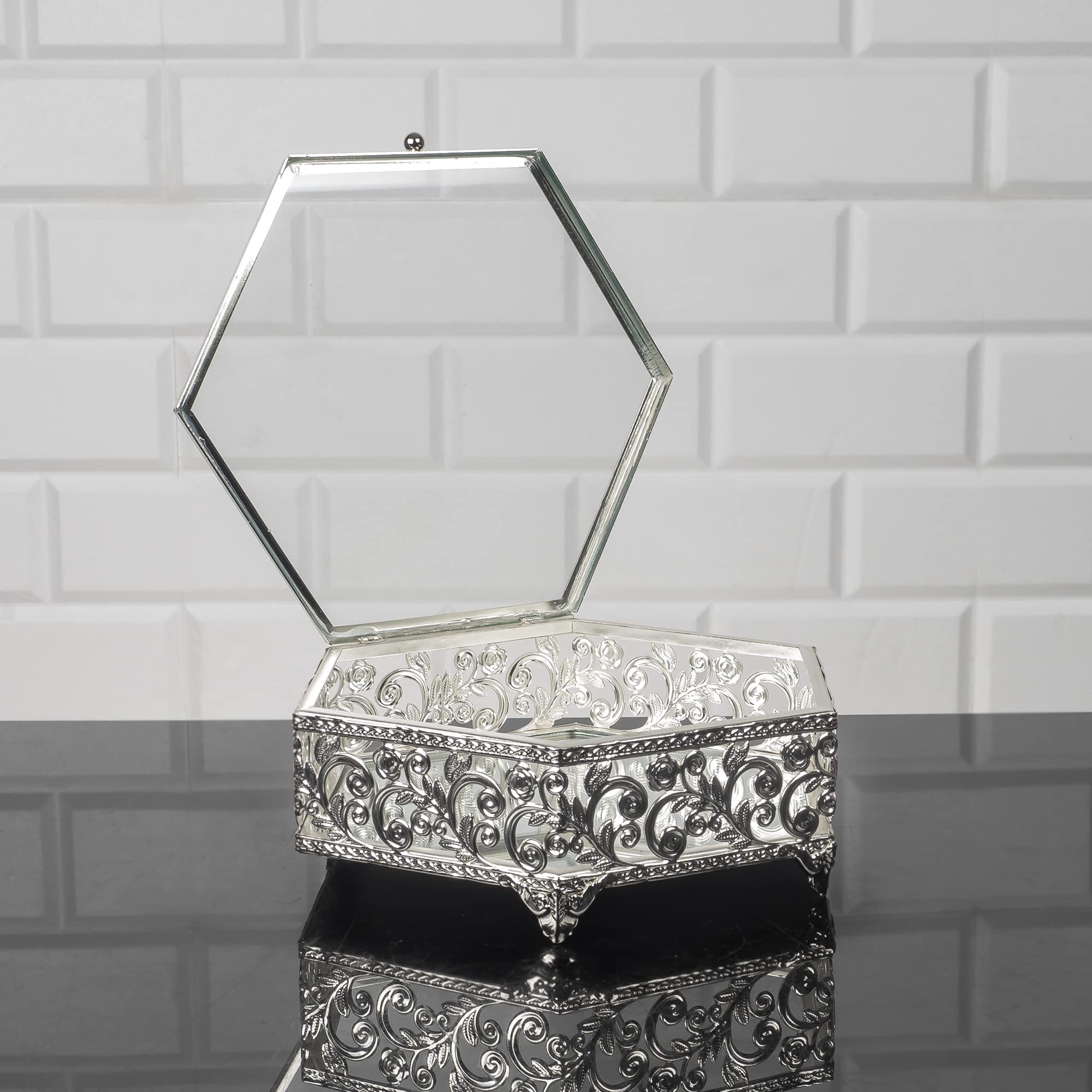 Handmade Hexagon Metal Keepsake Box with Lid - Vintage Gold Jewelry Storage Box, Small Silver Decorative Display Case for Home Décor | Perfect for Jewelry, Rings, Trinkets & Gift Packaging