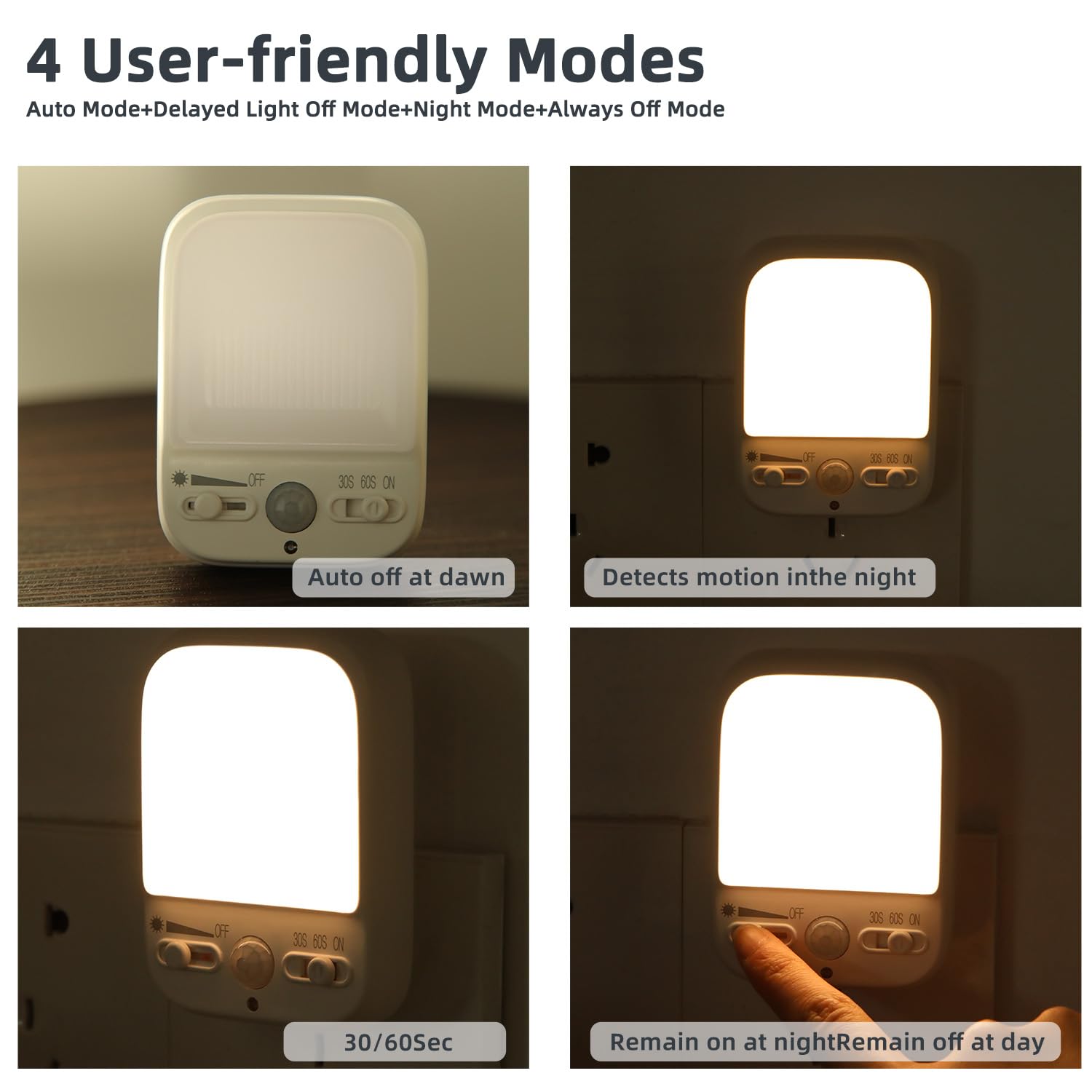 Energy Efficient LED Night Light Plug-in with Motion Sensor - Dusk to Dawn, 4 Lighting Modes & Adjustable Warm White - Perfect for Bedrooms, Hallways, Nursery (2 Pack) - Ideal for Elderly, Kids & Baby Safety