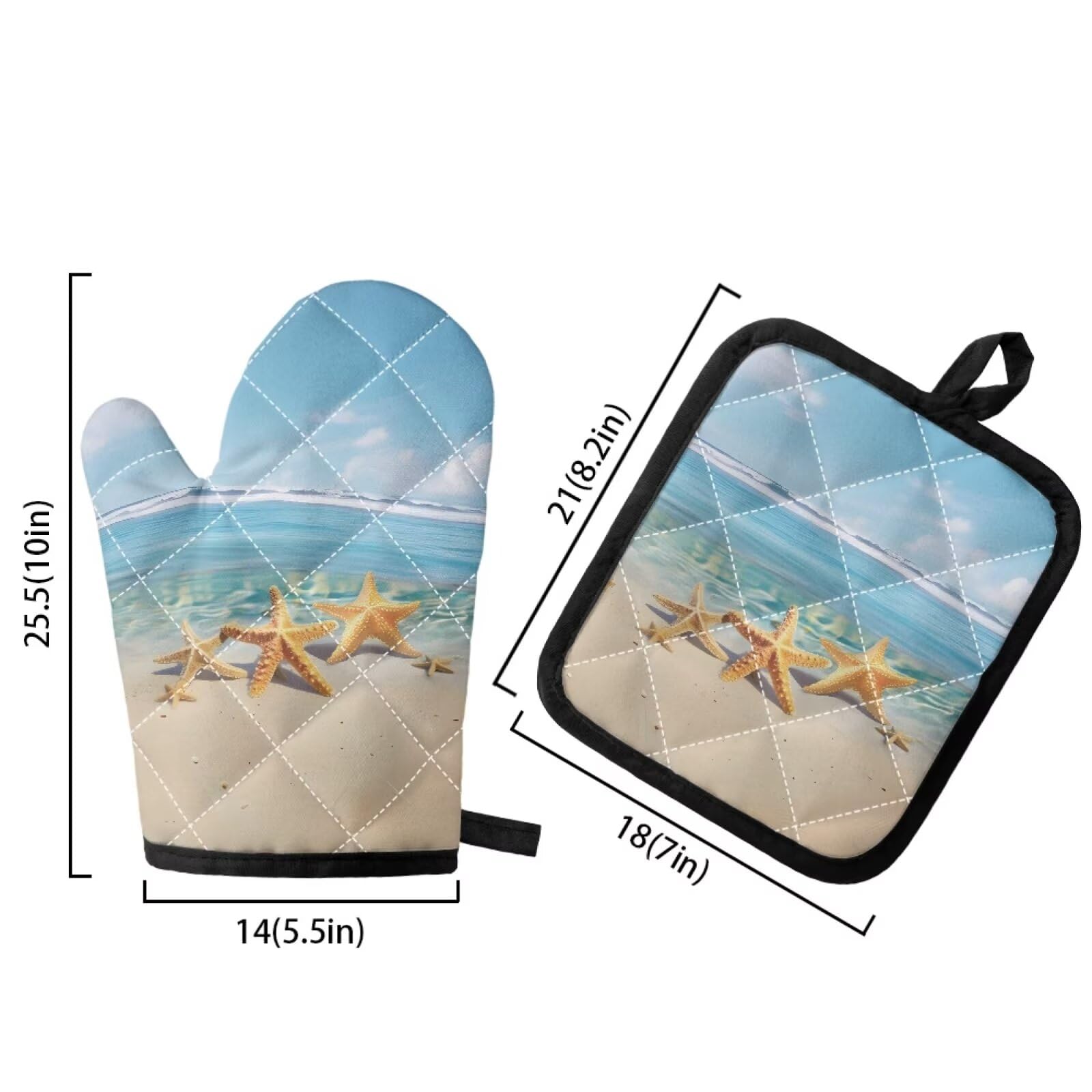 **Heat Resistant Oven Mitts and Pot Holders Set of 2 - Non-Slip Soft Baking Gloves with Beach Starfish Decor for Cooking, BBQ & Kitchen Safety - Perfect for Baking, Grilling & Hot Dish Handling**