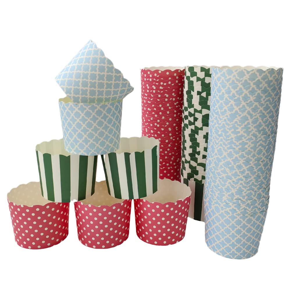 90-Pack 6 Oz Disposable Paper Baking Cups - Greaseproof Cupcake & Muffin Liners for Birthday, Wedding, Party (Green Vertical, Pink Polka Dot, Blue Quadrafoil) - Perfect for Home Baking, Holiday Treats & Dessert Displays