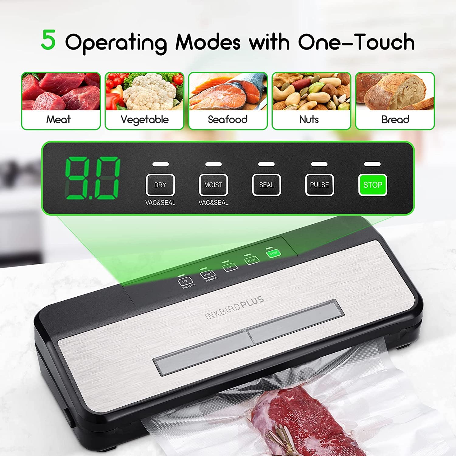 INKBIRD Automatic Food Vacuum Sealer Machine with Sealing-Time Countdown, Viewable Window, Built-in Cutter & Roll Storage - 5 Modes, LED Indicator - Includes 5 Vacuum Seal Bags & 1 Roll - Perfect for Meal Prep, Sous Vide, Food Storage & Freezing