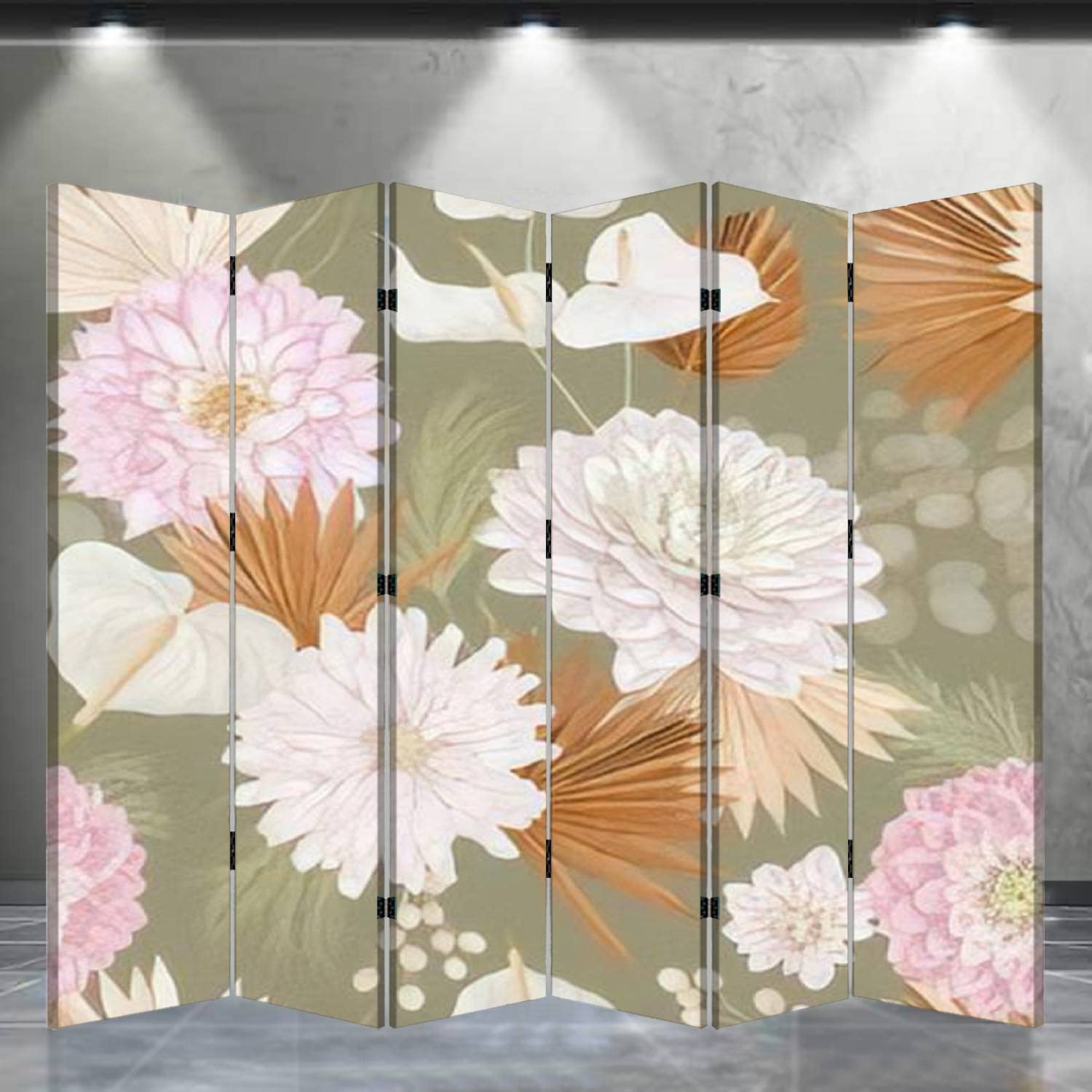 6-Panel Folding Room Divider Screen - Tropical Dahlia Flower & Palm Leaves Design for Privacy | Portable Freestanding Partition for Home, Office, Bedroom | Perfect for Creating Private Spaces in Living Rooms, Studios, or Open Floor Plans