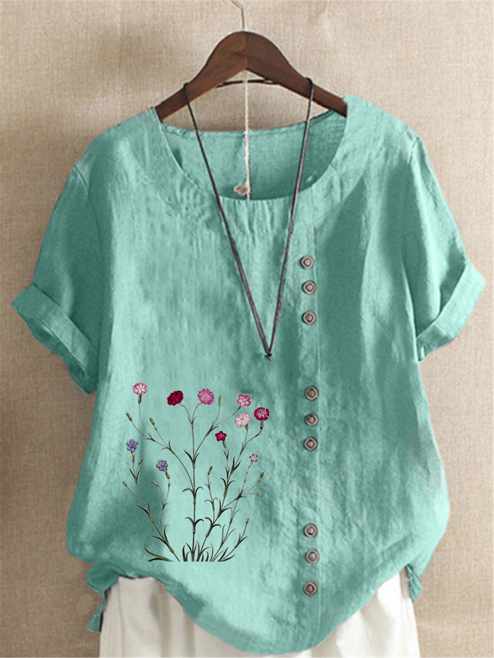 Floral Printed Linen T-Shirt for Women - Summer Short Sleeve O-Neck Blouse, Loose Fit Plus Size White Top - Perfect for Beach Outings, Casual Wear & Vacation Style