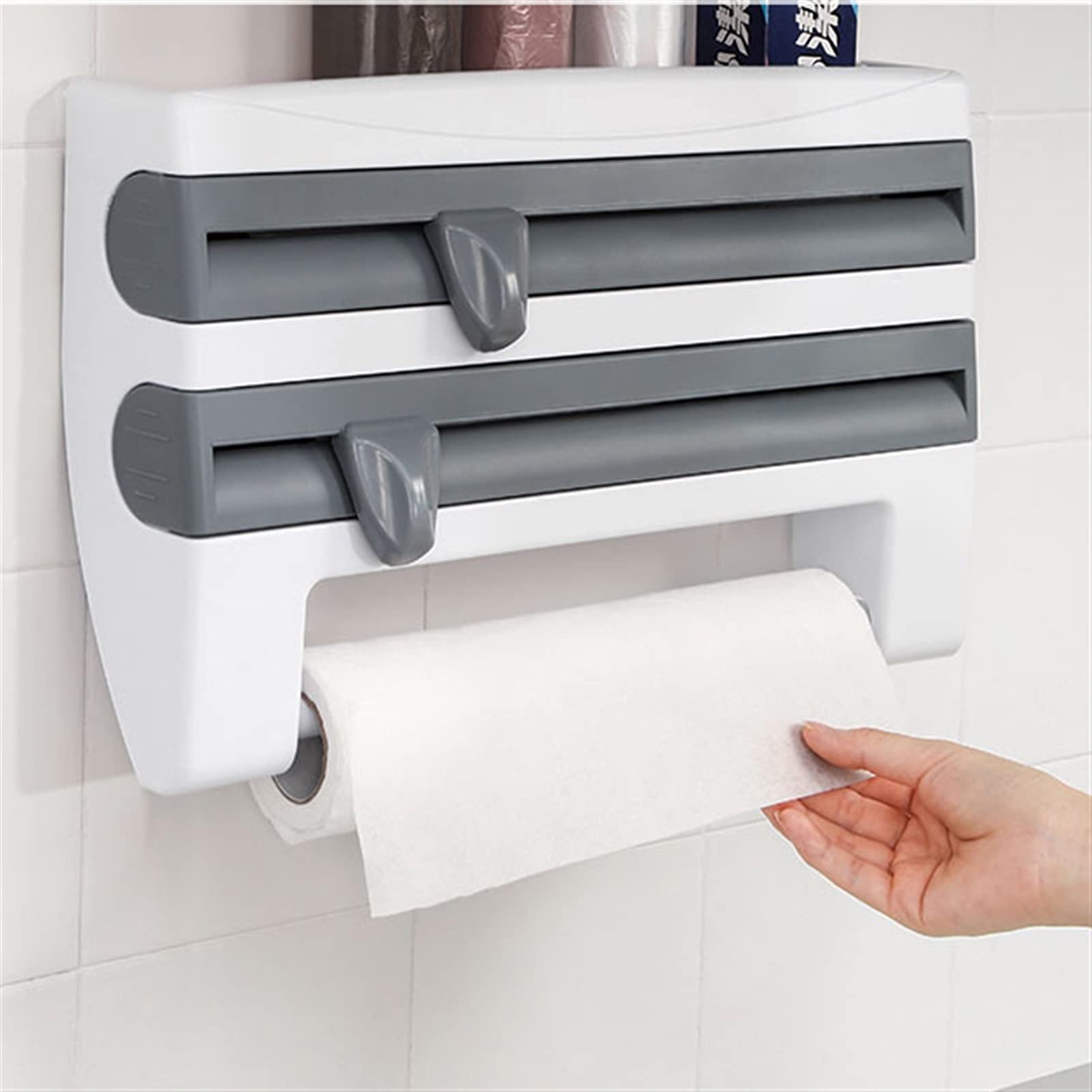 Stainless Steel Wall Mounted Kitchen Organizer - Paper Towel Holder, Foil & Plastic Wrap Dispenser with Built-in Cutter - Space Saving Storage for Kitchen, Pantry, Laundry Room (Color: A) | Perfect for Small Spaces, Apartments & RVs