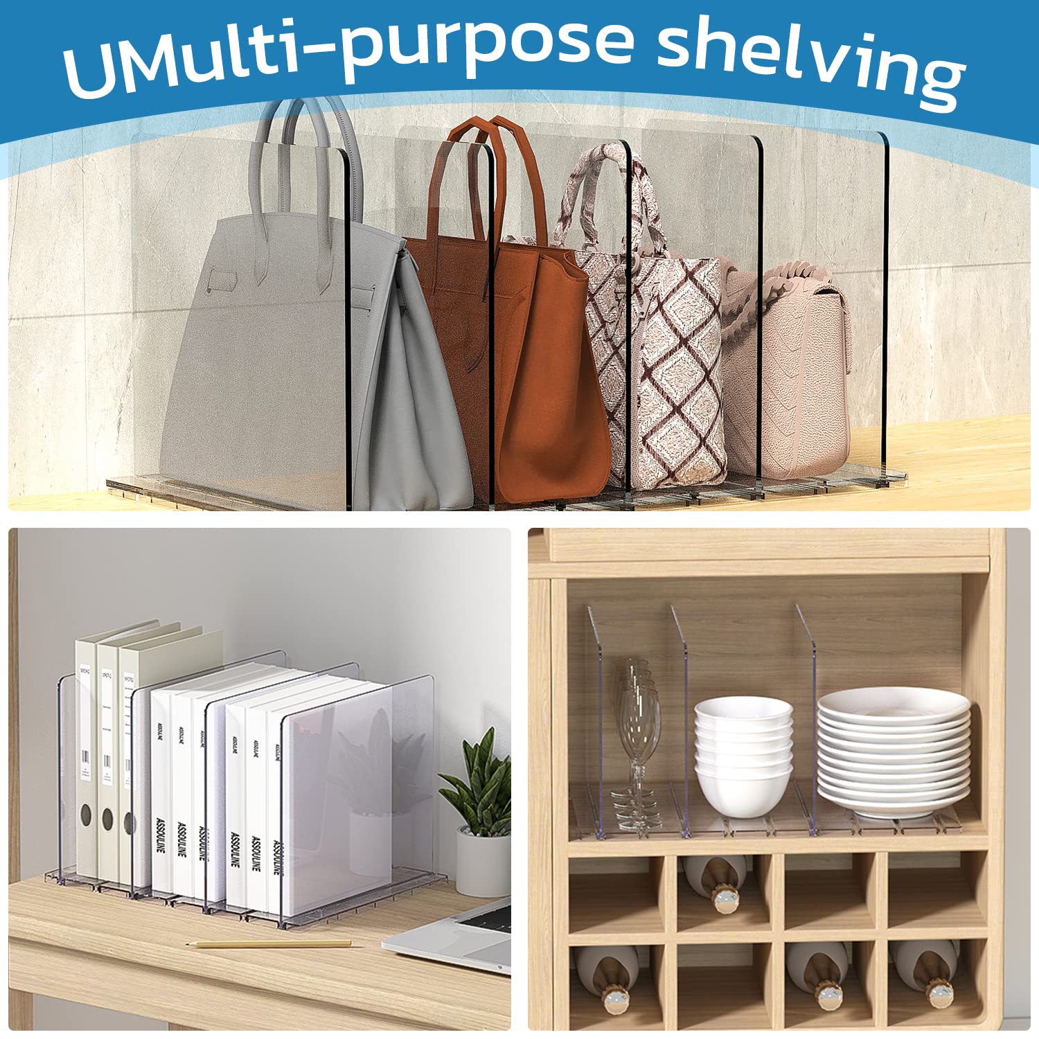 Clear Adjustable Acrylic Shelf Dividers for Closet Organizer - 2 Pack (4 Dividers Total) - Perfect for Handbags, Purses, Clothes & Bookshelf Organization in Bedroom & Closet