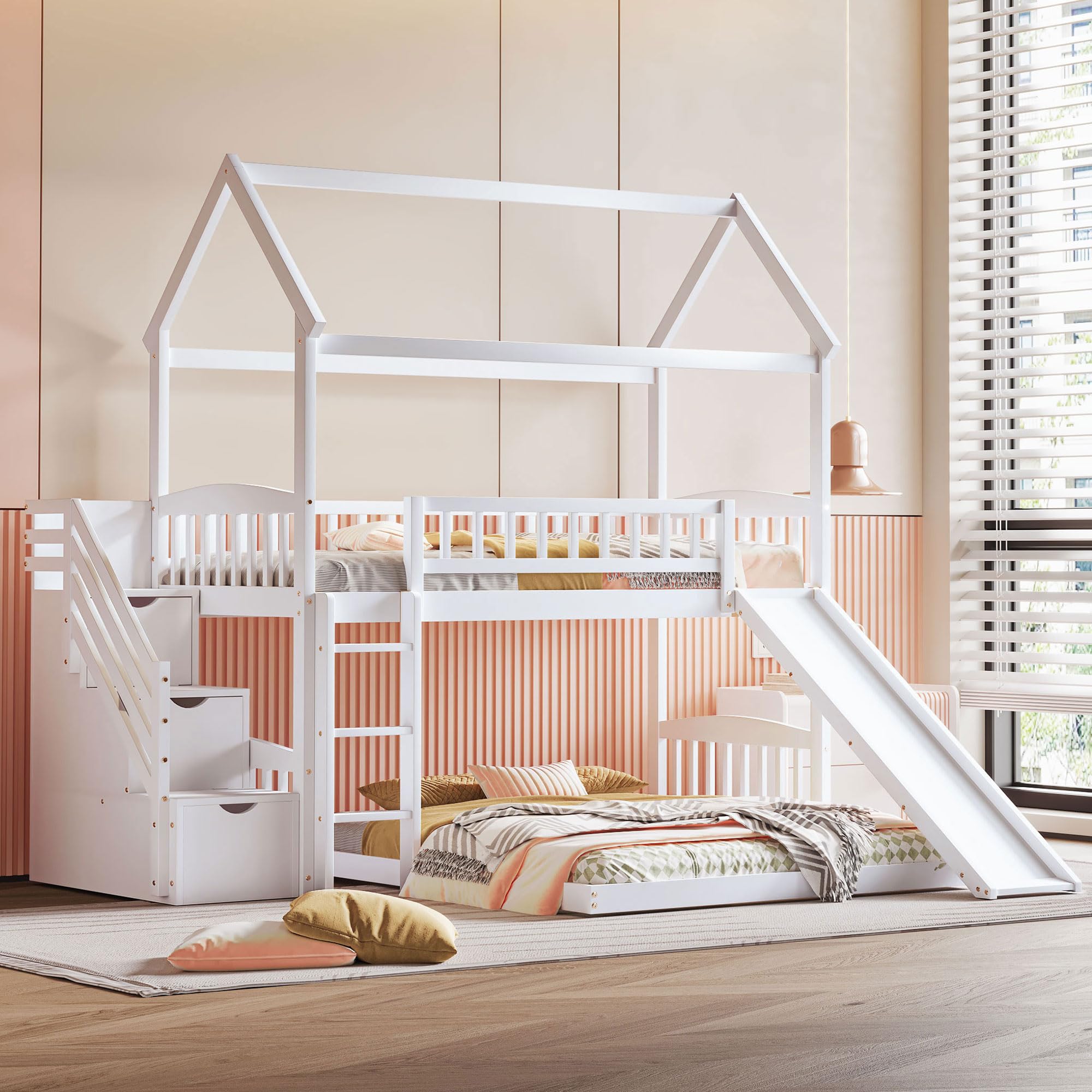 Merax Twin Over Twin Loft Bunk Bed with Slide, Stairs & Storage Drawers - No Box Spring Needed - White Space-Saving Kids Bunk Bed for Small Rooms, Dorms & Sleepovers