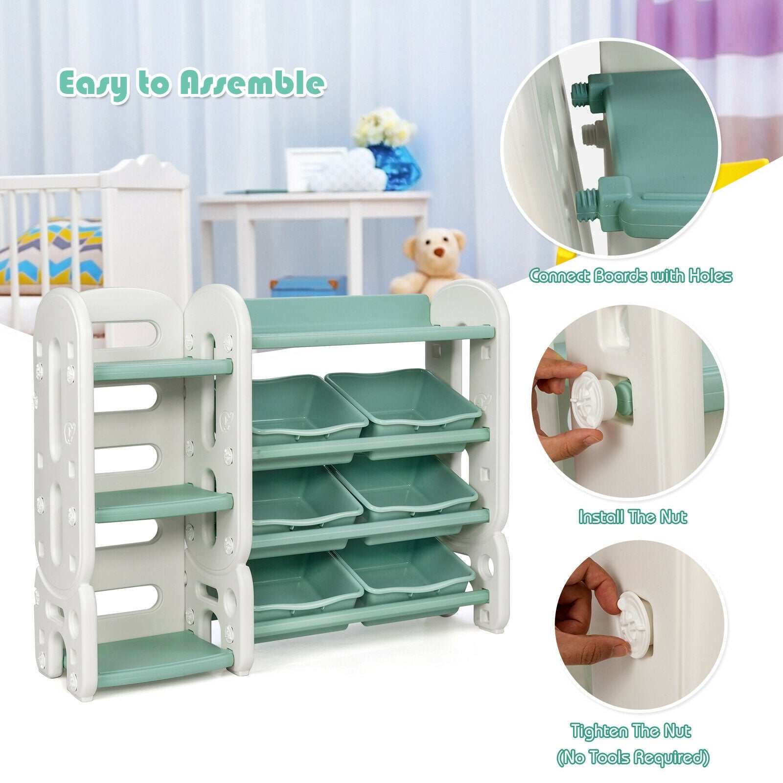 Kids Toy Storage Organizer with 6 Bins & 3-Tier Shelf - Space-Saving Toy Organizer for Bedroom, Playroom, Nursery (Green) - Perfect for Organizing Toys, Books & Crafts