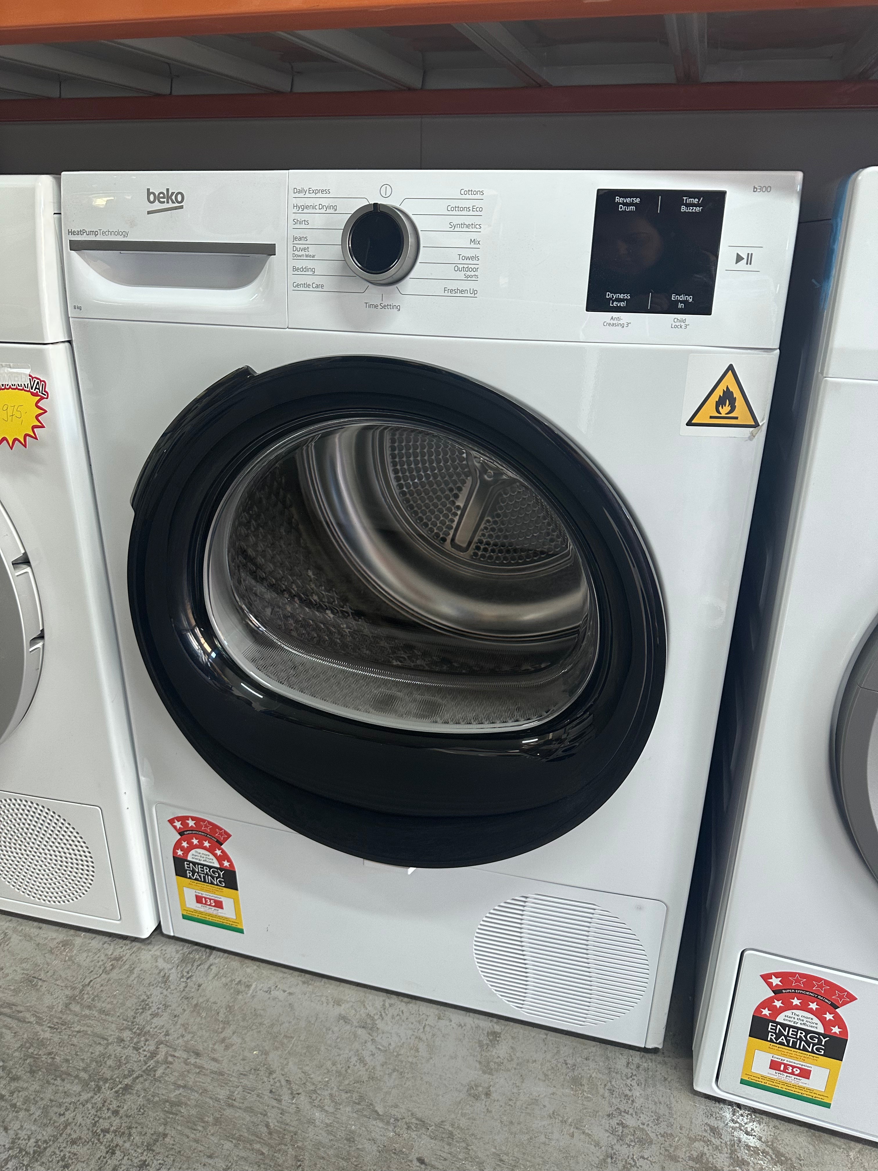 Beko 8kg Sensor Controlled Heat Pump Tumble Dryer BDPB8010W - Energy Efficient, Made in Europe (Factory Second) - Perfect for Small Apartments & Eco-Friendly Laundry