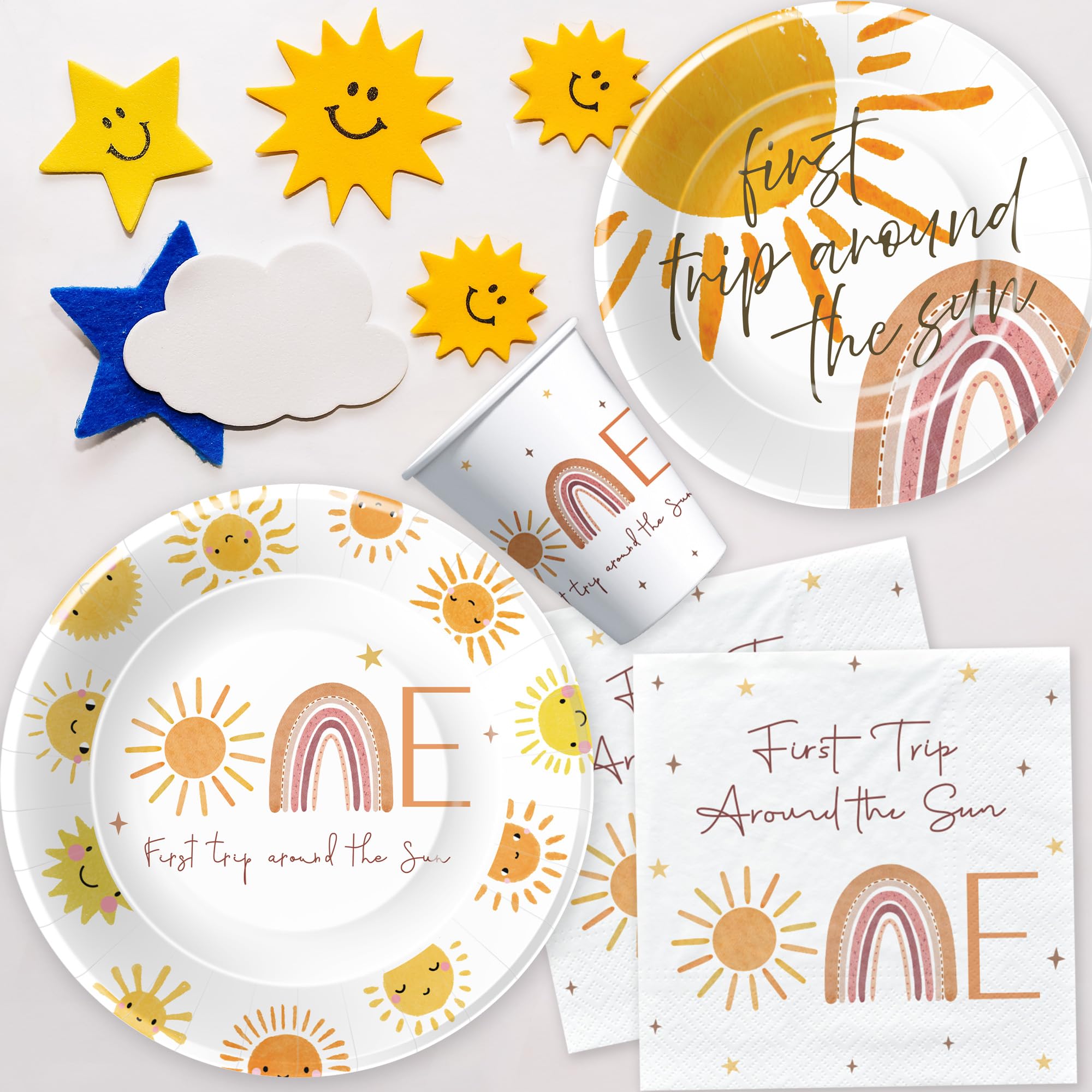 Boho Sunshine 1st Birthday Party Supplies Set - Plates, Cups, Napkins & Table Decor for Baby's First Trip Around The Sun Celebration | 24-Piece Dinnerware Kit for Boho-Themed First Birthday Parties & Milestone Celebrations