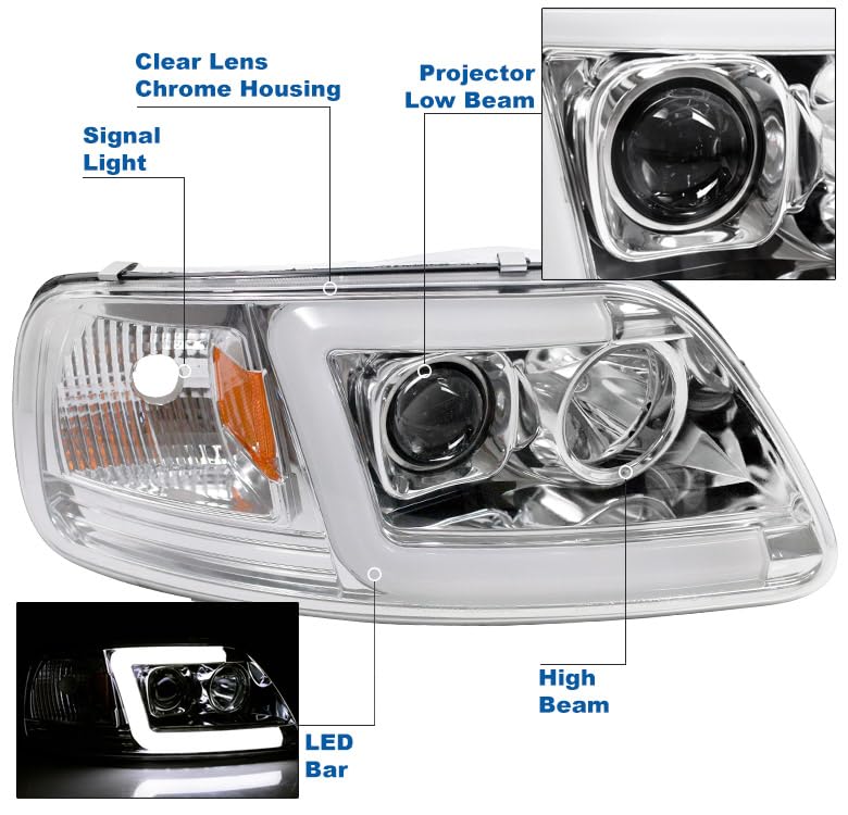 1997-2003 Ford F-150 & 1997-2002 Expedition LED Chrome Projector Headlights with 6