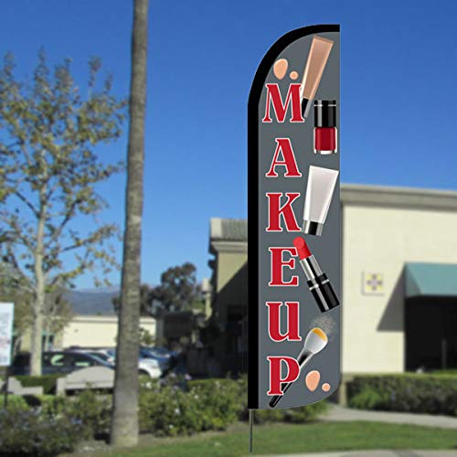 MAKEUP Windless Feather Flag Bundle - 11.5' Tall Flag with 15' Flagpole & Ground Stake | Perfect for Salon Grand Openings, Beauty Events & Outdoor Advertising
