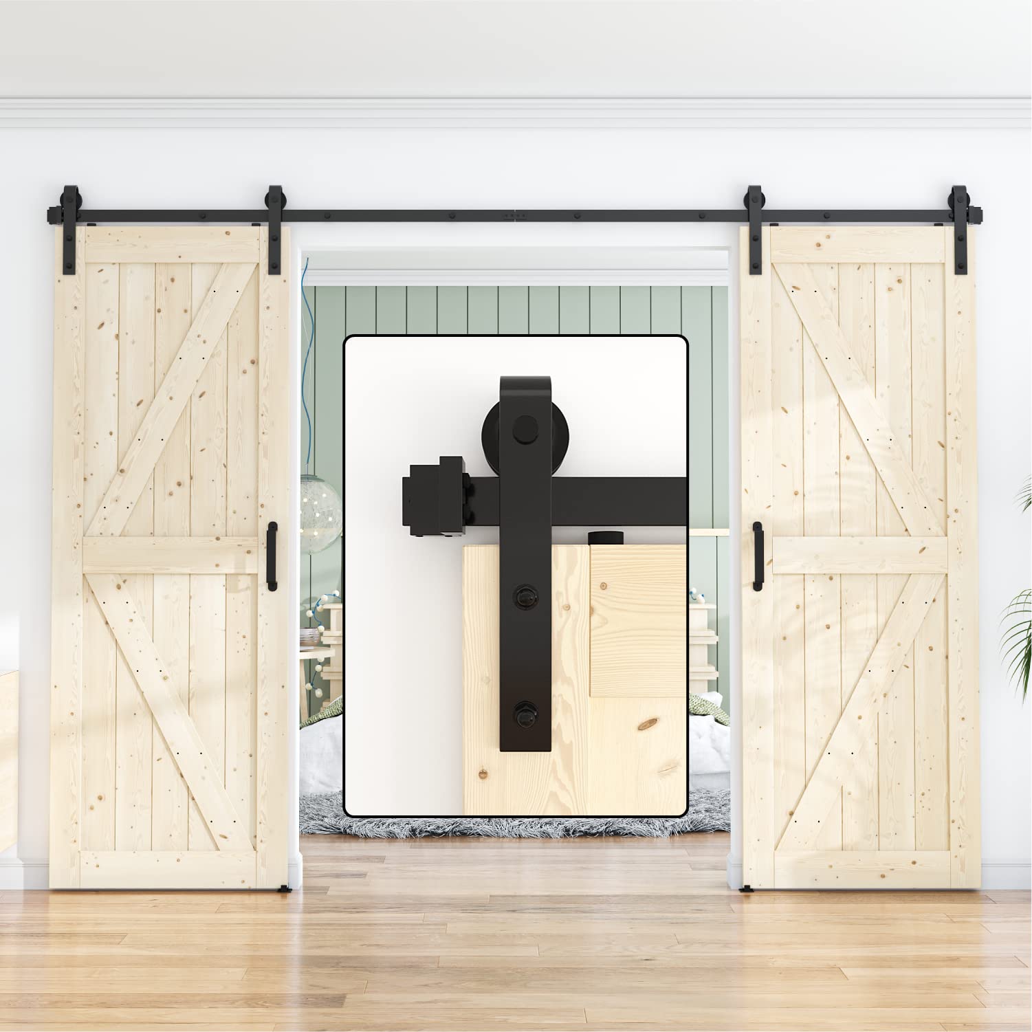WINSOON 8FT Antique Black Double Sliding Barn Door Hardware Kit with Roller Track - Adjustable 4-18FT for Bedroom, Closet, or Farmhouse Style Interior Design