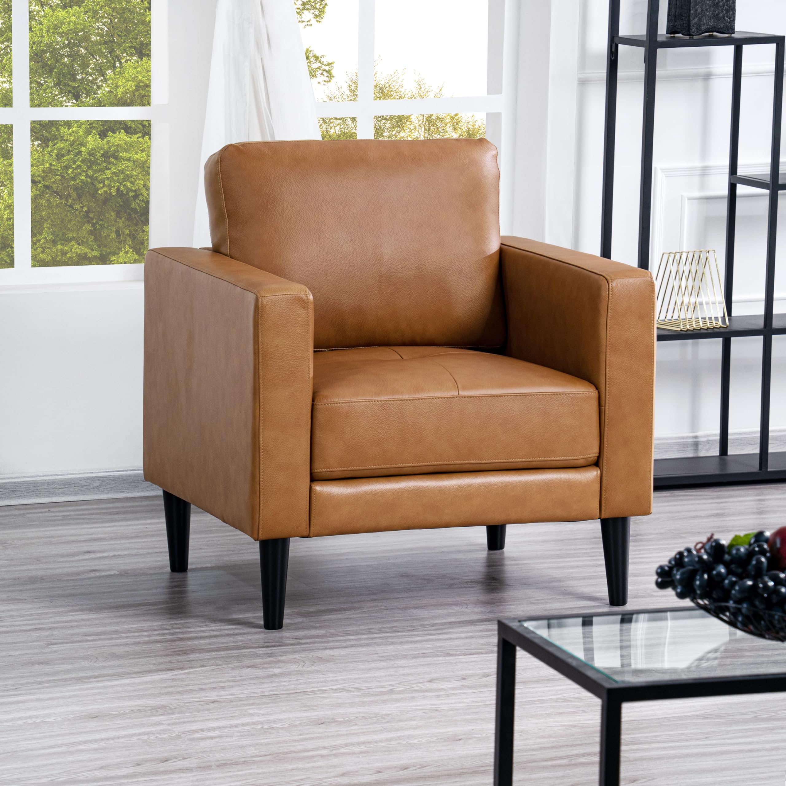 Naomi Home Marisa Genuine Leather Sofa Chair - Single Upholstered Living Room Accent Chair, Real Leather Lounge Chair for Bedroom & Office (Tan) - Perfect for Small Spaces, Reading Nooks & Cozy Corners