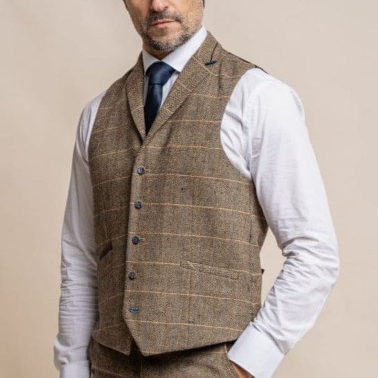 Cavani Albert Men's Brown Tweed Waistcoat Vest | Classic Formal Wear for Weddings, Business & Special Occasions