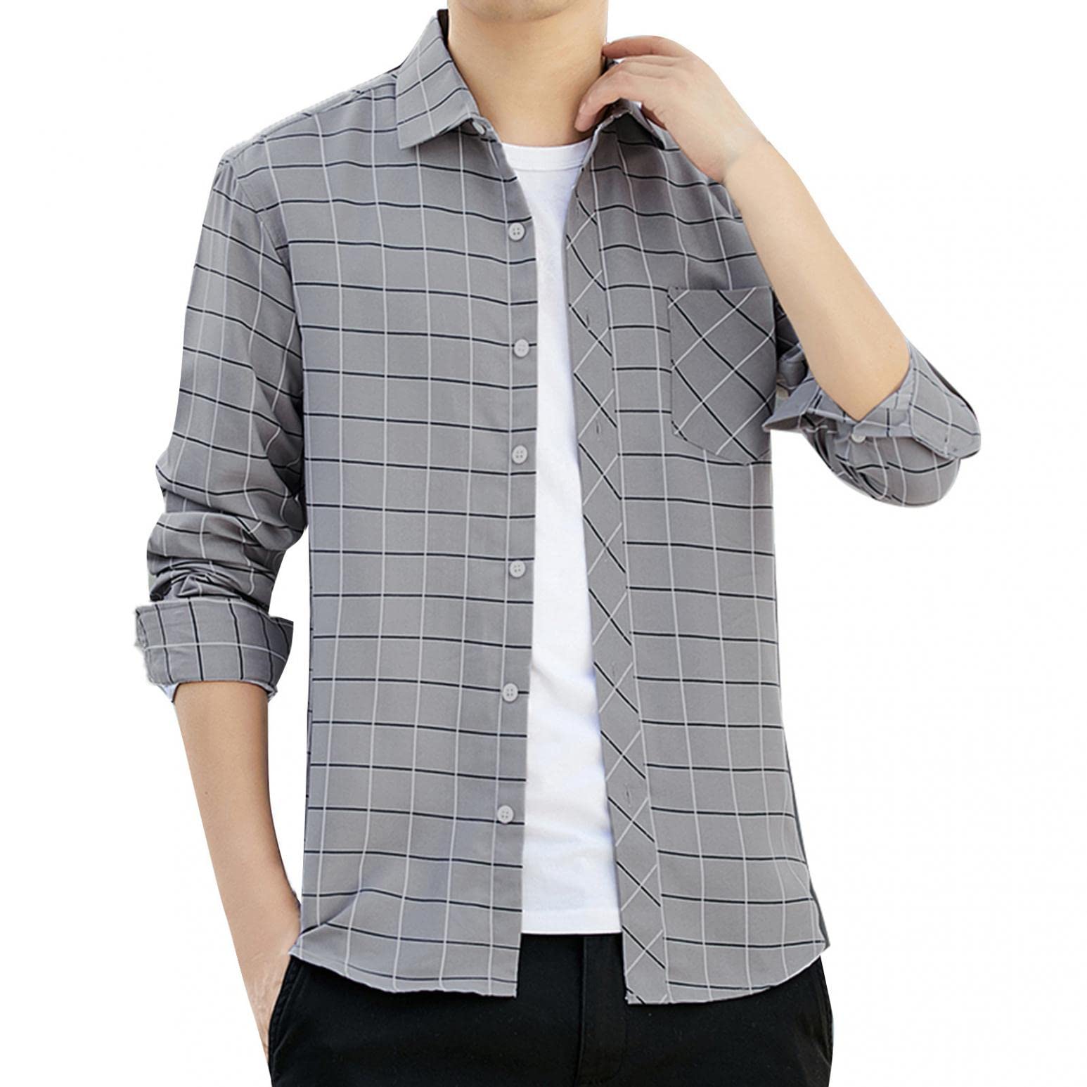 Men's Soft Classic Plaid Long Sleeve Button-Up Shirt - Casual Outdoor Dress Shirt for Work, Beach & Fashion Wear | Breathable Comfort for Everyday Style