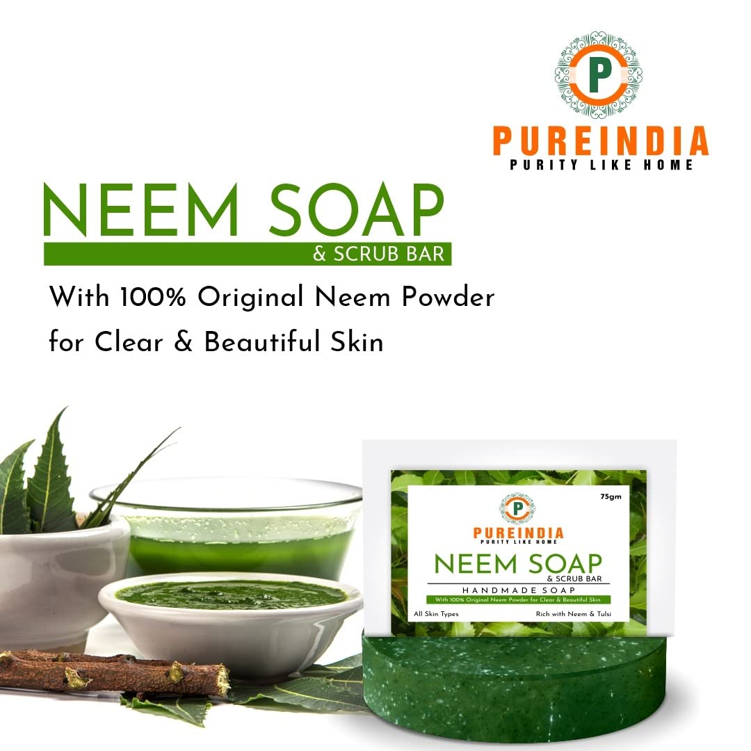 PUREINDIA Handmade Neem Scrub Bar for Acne & Skin Care - Pack of 3 | Natural Neem Petals & Oil | No Synthetic Fragrance | Facial & Body Cleansing Bar for Acne, Pimples, Rashes | Perfect for Daily Skincare Routine & Sensitive Skin Treatment