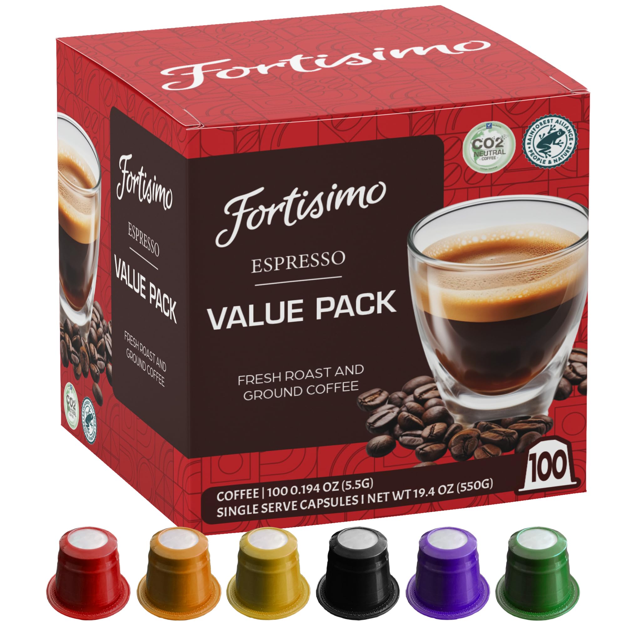 FORTISIMO Espresso Pods Variety Pack - 100 Count Nespresso Original Line Compatible Coffee Capsules - Italian Roast Dark Rich Flavor - Perfect for Home Office Breakfast or After Dinner Coffee Break