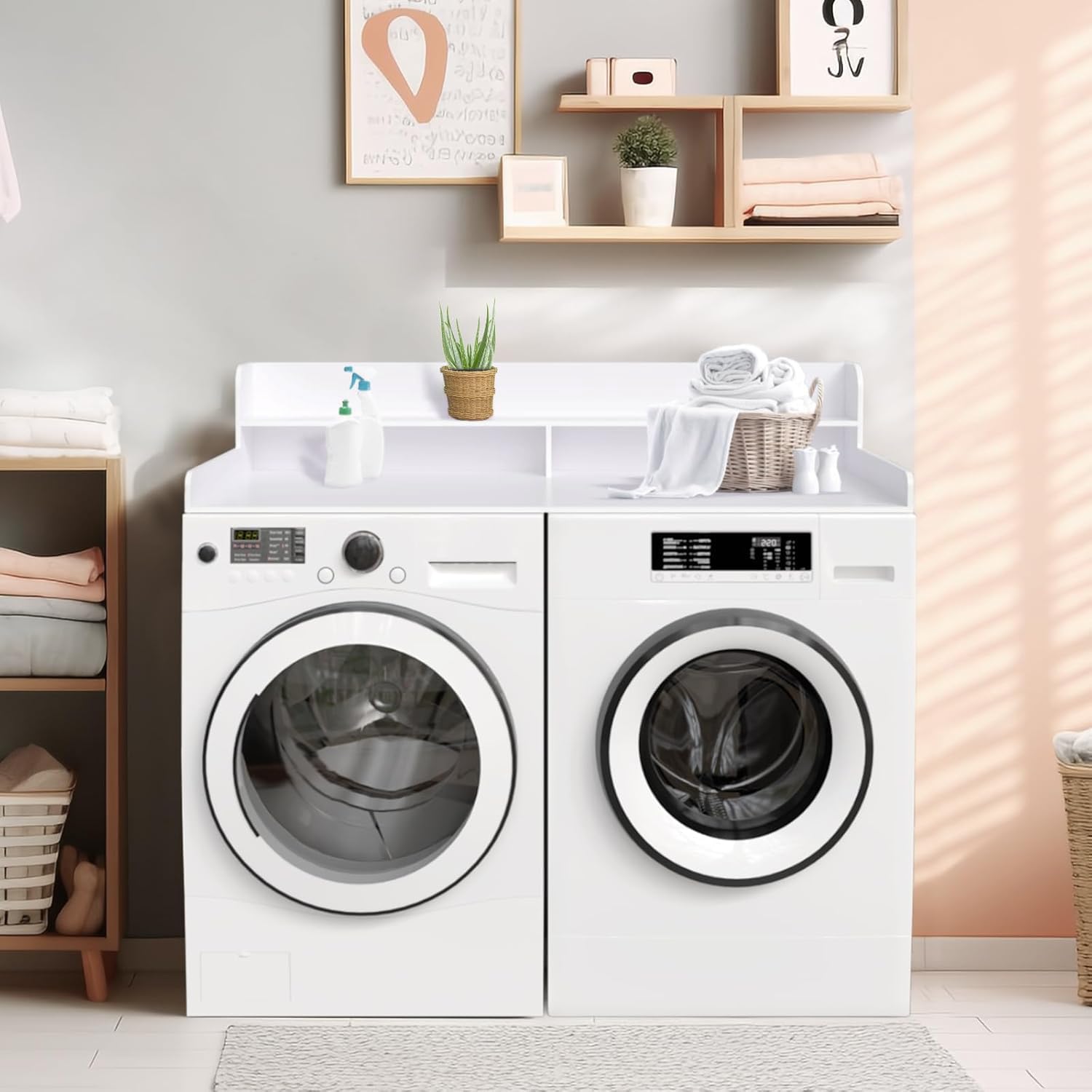 Compact White 2-Tier Laundry Countertop with Storage - Space-Saving Washer & Dryer Stand for Small Apartments, Kitchens & Laundry Rooms - Perfect for Organizing Detergents & Cleaning Supplies