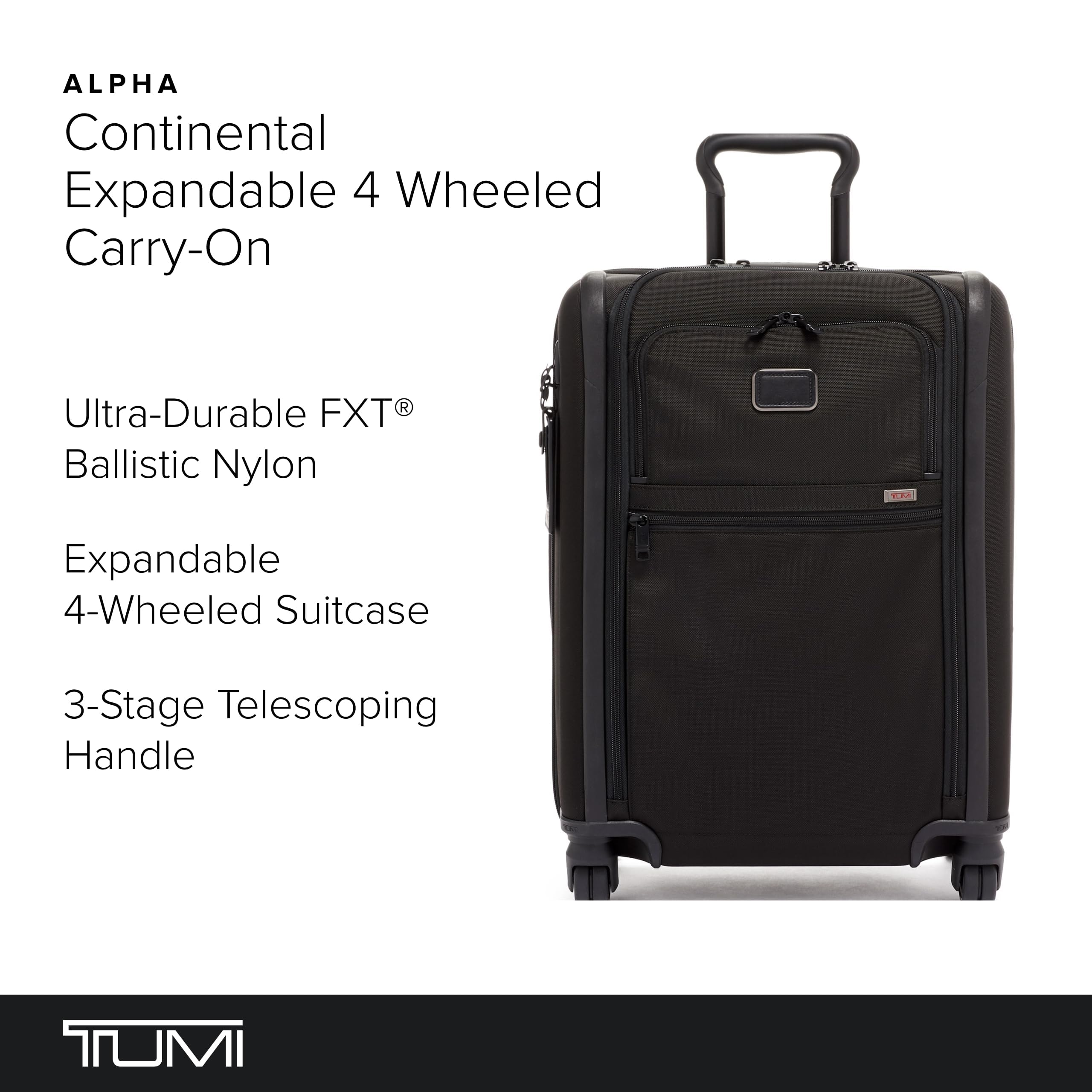 TUMI Alpha Continental Expandable 4-Wheel Carry-On Luggage with TSA Lock - Lightweight Compact Travel Suitcase for Business & Vacation - Black Tracer Edition (Perfect for Air Travel & Weekend Getaways)