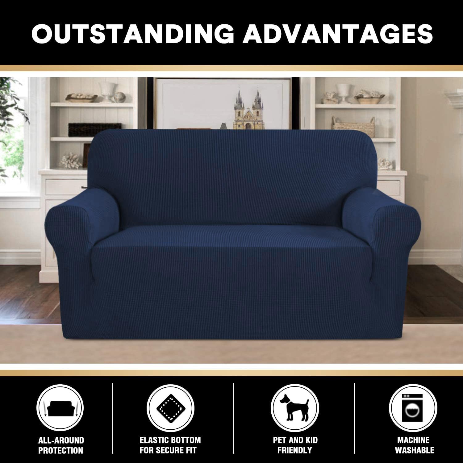 PrinceDeco Stretch Loveseat Sofa Cover - Washable 2-Cushion Slipcover with Non-Slip Bottom, Pet-Friendly Furniture Protector for Couches (Navy) - Perfect for Living Room, Apartment & Pet Owners