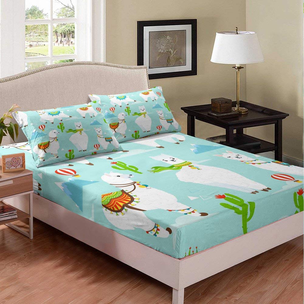 Soft Alpaca Queen Bed Sheet Set - Cactus Geometric Pattern Light Blue 3-Piece Bedding for Kids & Children | Breathable, Hypoallergenic Bed Sheets for Comfortable Sleep & Nursery Decor