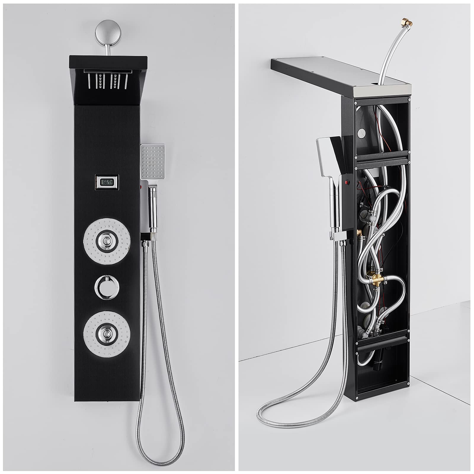 ROVOGO Modern LED Rain Shower Panel System - 2 Body Jets & Handheld Shower Head with Digital Temperature Display - Easy Connect Shower Tower Column in Black (Rough-In Valve Not Included) - Perfect for Bathroom Renovation & Spa-Like Shower Experience