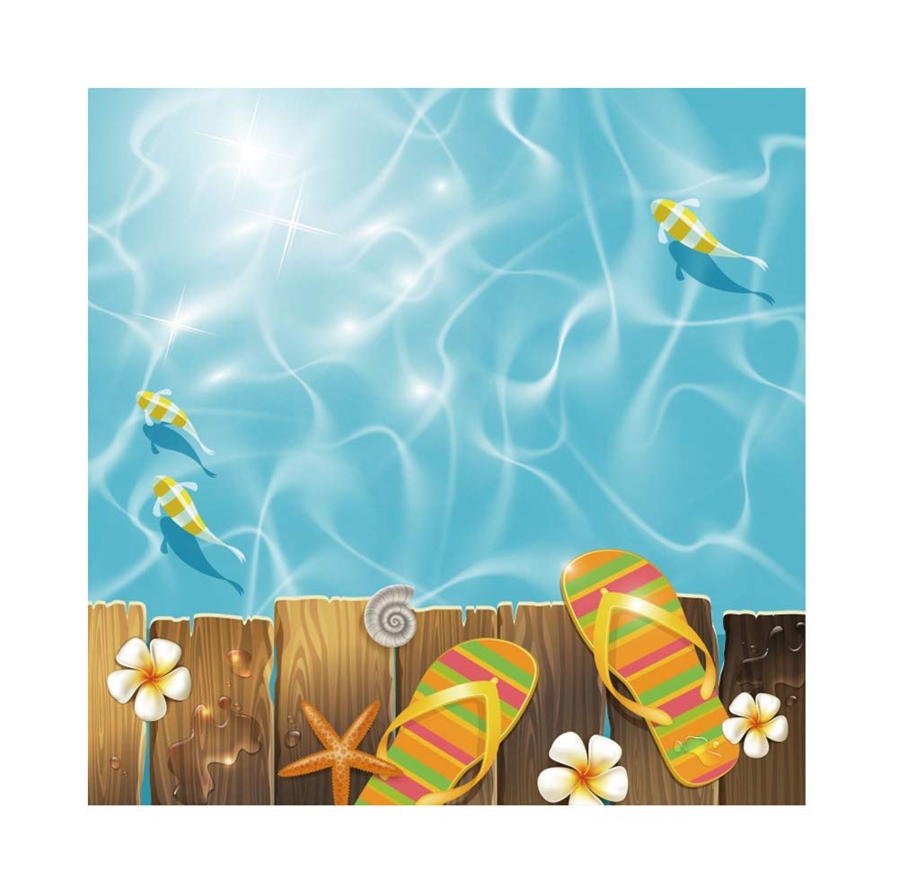 Leyiyi 4x4ft Cartoon Beach Backdrop - Tropical Ocean Scenery with Clear Water, White Flowers & Colorful Slippers for Baby Shower Photography, Portrait Studio Props, Outdoor Swimming Party Decor
