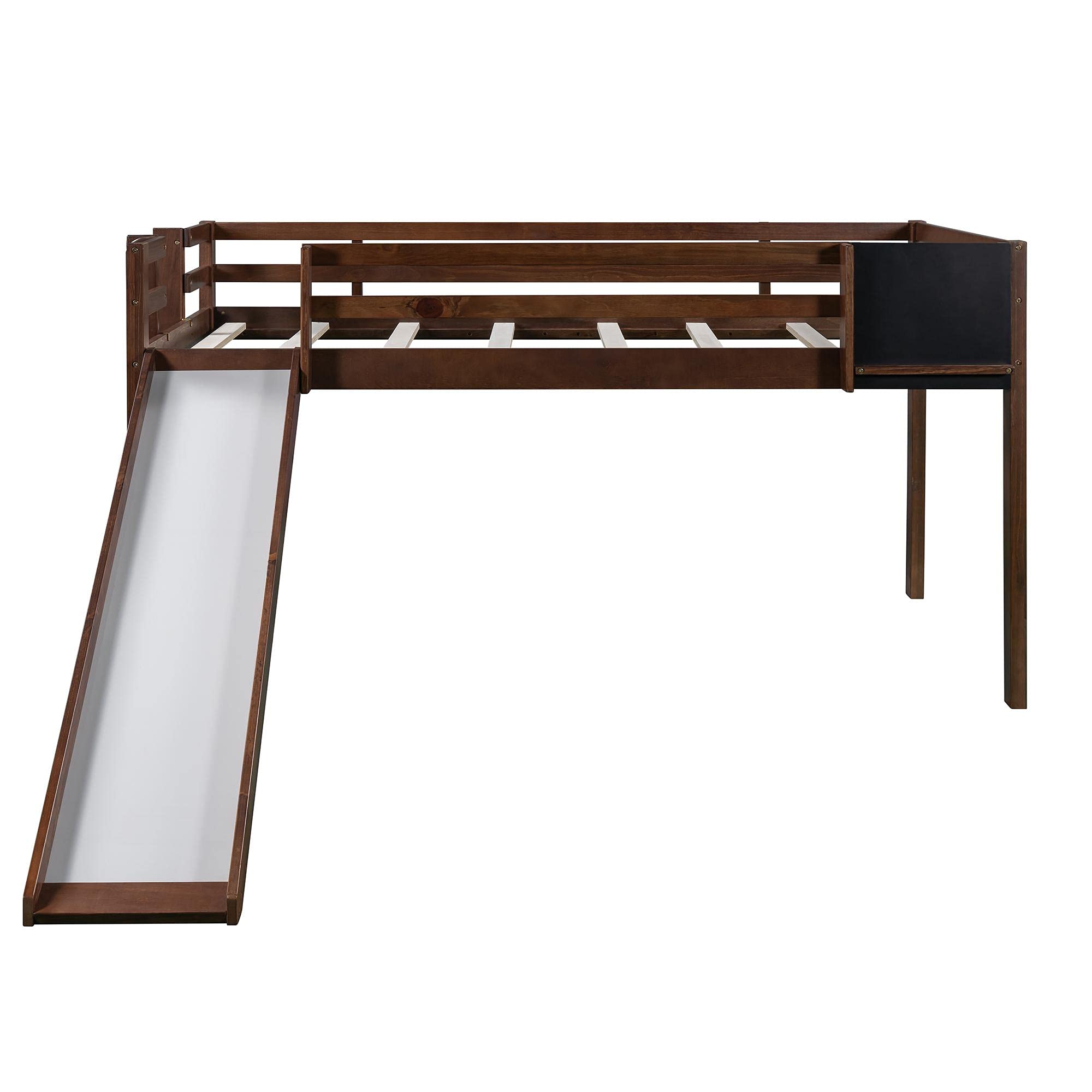 JINS&VICO Twin Size Low Loft Bed with Convertible Slide & Chalkboard - Wooden Loft Bed Frame with Ladder, Guardrails & Under-Bed Storage - 78.1''L x 42.2''W x 44''H Walnut Finish - Perfect for Kids & Teens Bedrooms, Playrooms & Small Spaces