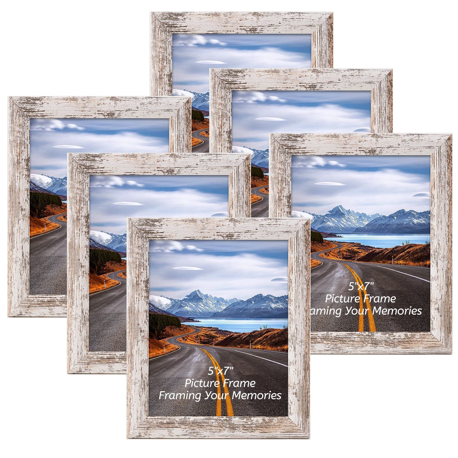 Rustic 5x7 Picture Frames Set of 6 - High Definition Real Glass, Distressed Wood Farmhouse Photo Frames for Wall Mounting & Tabletop Display - White Home Decor Photo Frames for Living Room, Bedroom & Office Decorations