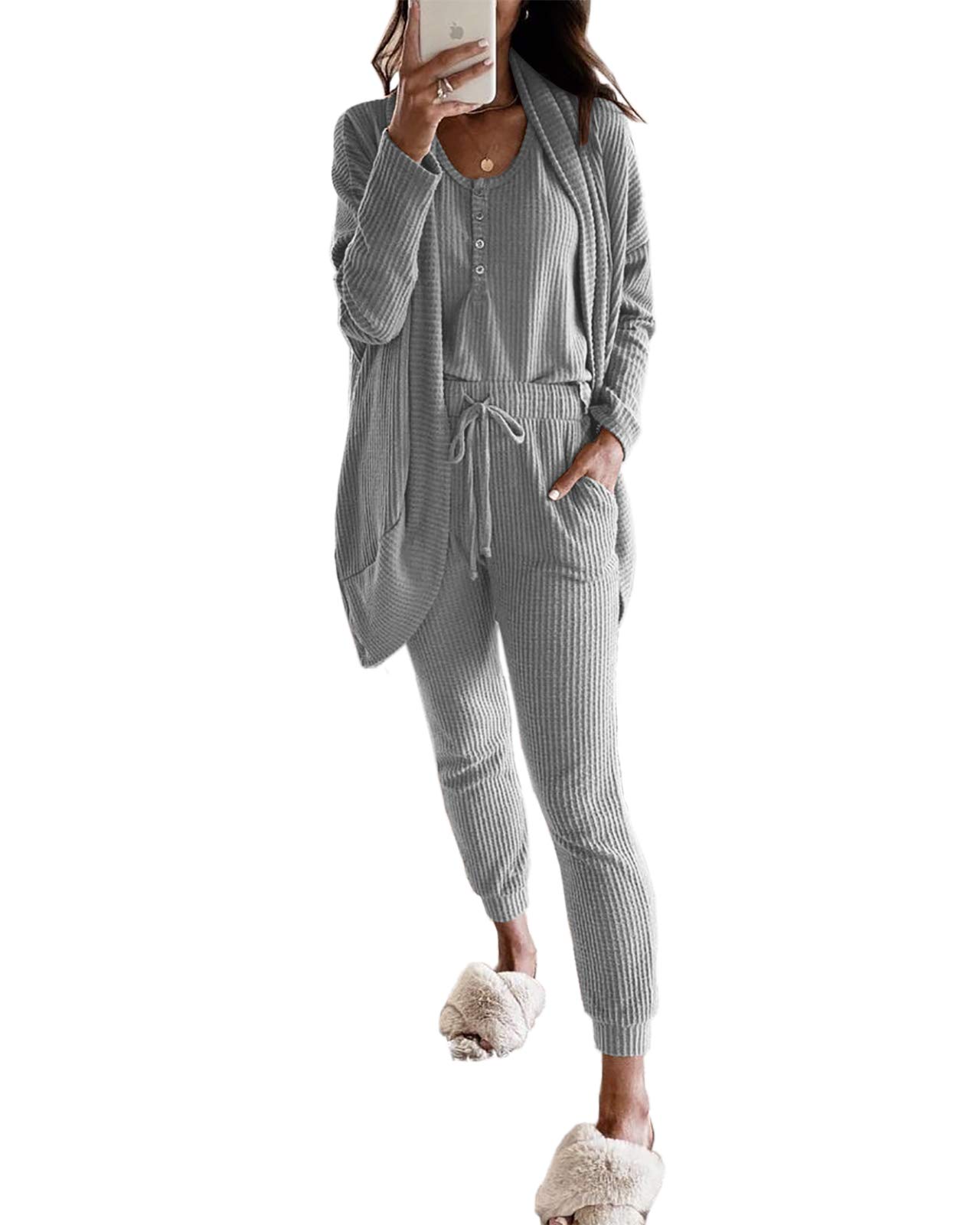Fessceruna Women's Waffle Knit 3-Piece Lounge Set - Pajama Tank Top, Long Sleeve Cardigan & Pants - Soft Loungewear Outfit for Home, Sleep & Relaxation