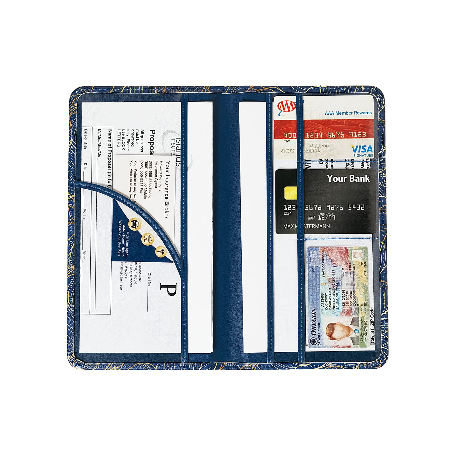 Car Registration and Insurance Card Holder - Magnetic Closure Document Organizer for Glove Box (Golden in Blue) - Perfect for Vehicle Paperwork Storage & Organization