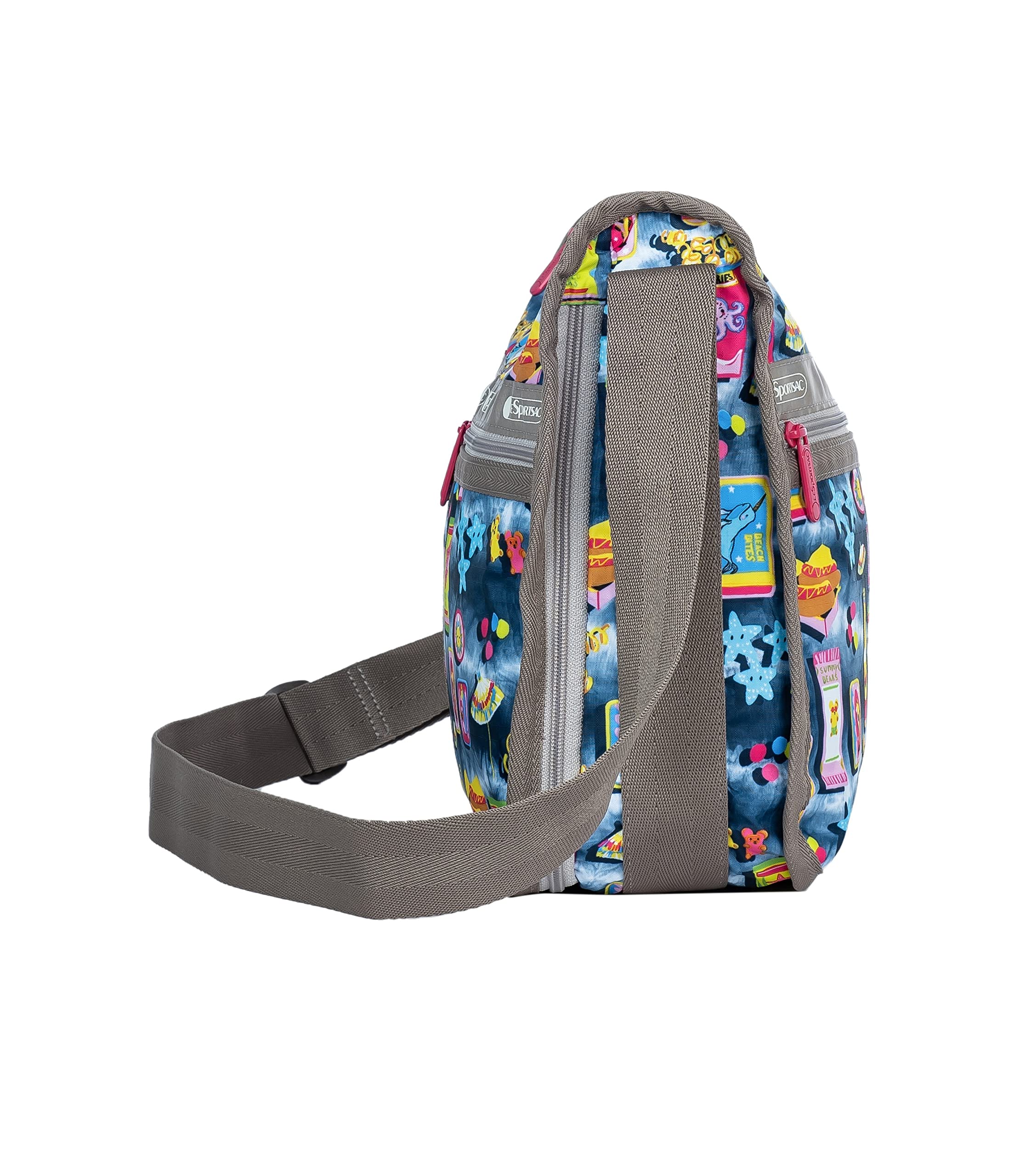 LeSportsac Beach Snacks Deluxe Crossbody Bag with Cosmetic Pouch - Vibrant Pop Art Design Featuring Hot Dogs, Fries & Tropical Drinks (Style 7507, Hot Pink) | Perfect for Beach Trips, Summer Outings & Everyday Use