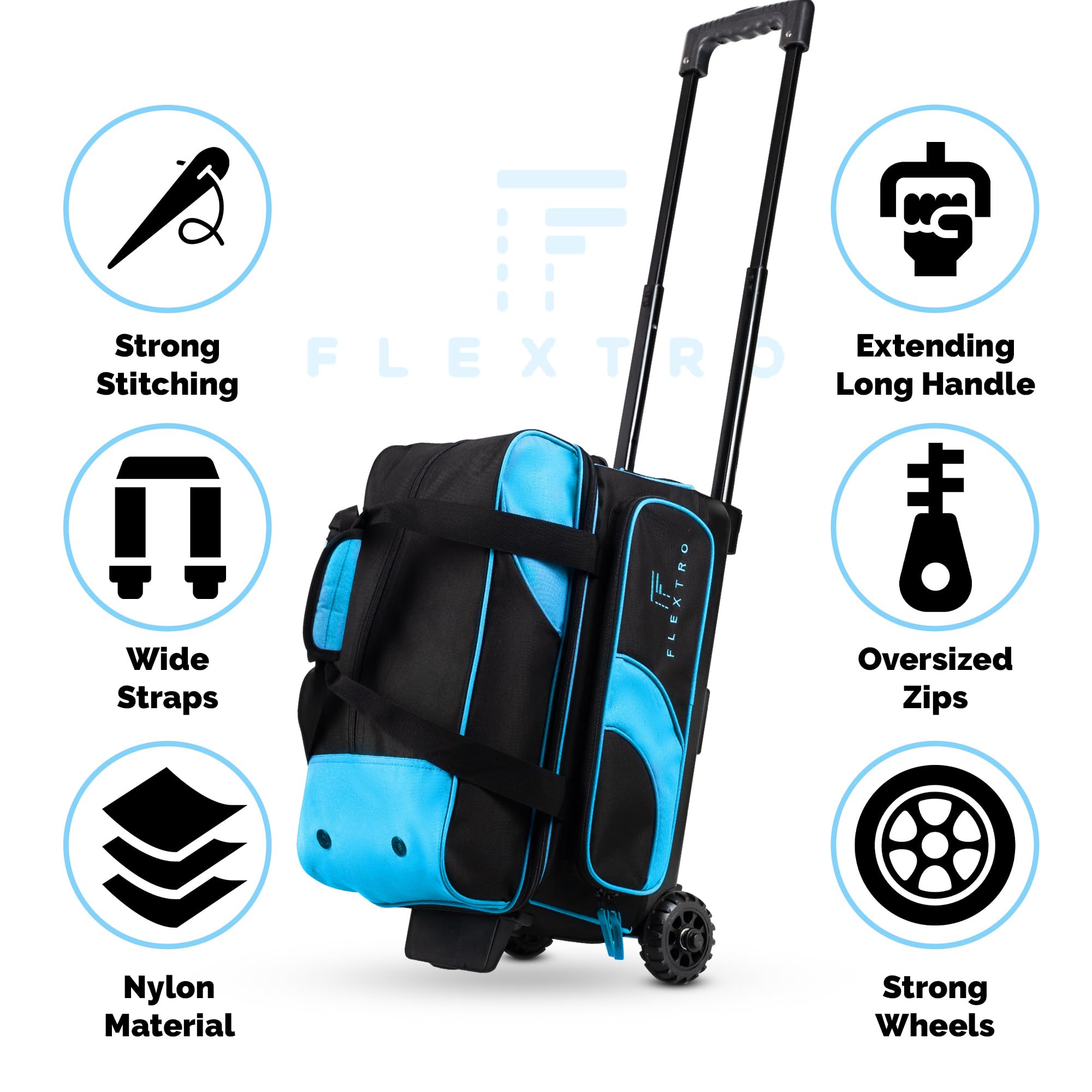 Flextro 2 Ball Bowling Bag with Wheels & Single Ball Bowling Bag Combo - Double Roller Trolley with Storage Compartments for Bowling Balls, Shoes & Accessories | Perfect for League Play & Tournament Travel