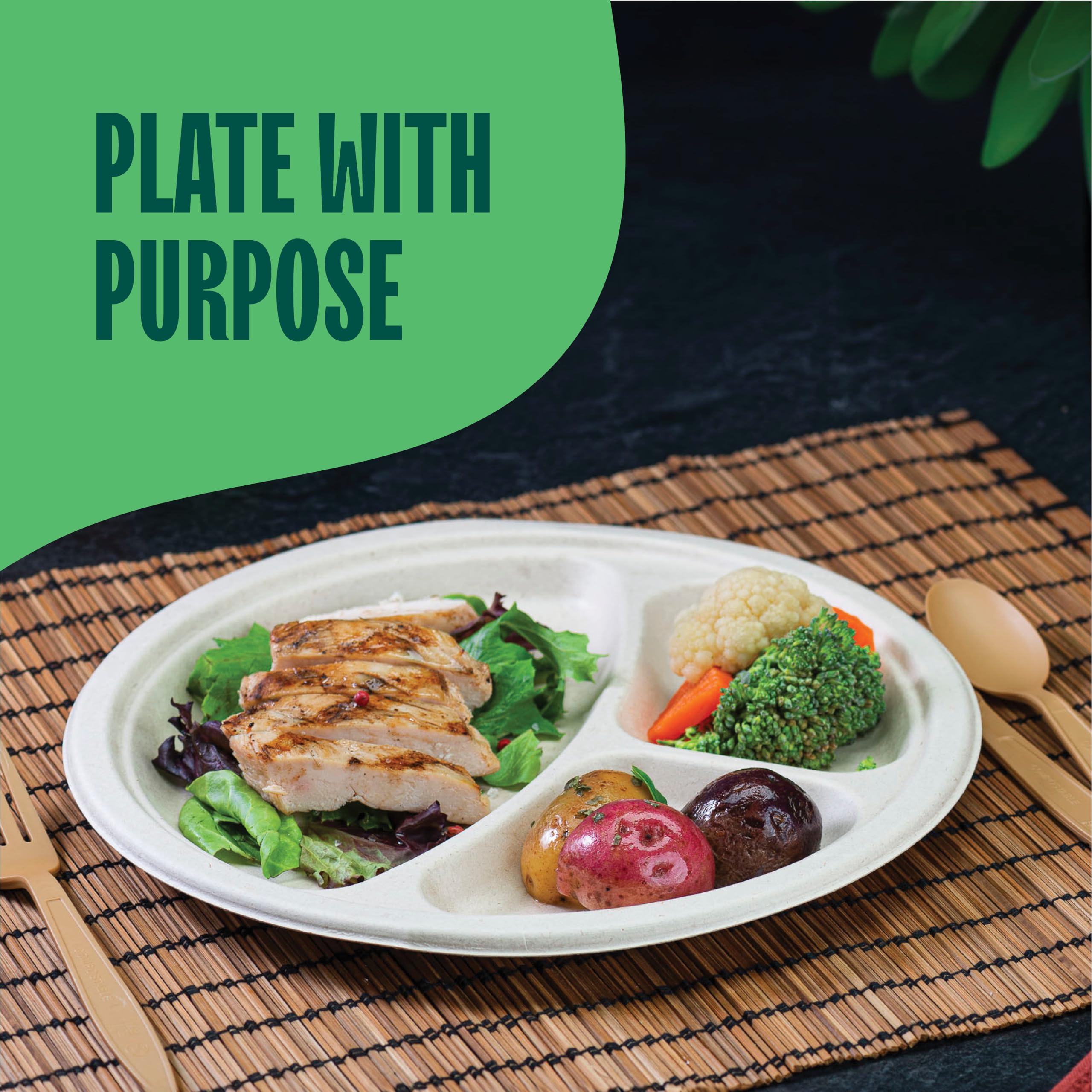 Eco-Friendly 10 Inch Compostable Paper Plates [500 Count] - Heavy-Duty Biodegradable Dinner Plates with Compartments | Made from Sustainable Sugarcane Bagasse | Perfect for Parties, Picnics & Catering Events | Natural Brown Disposable Plates [Case of 4/125 Pack]