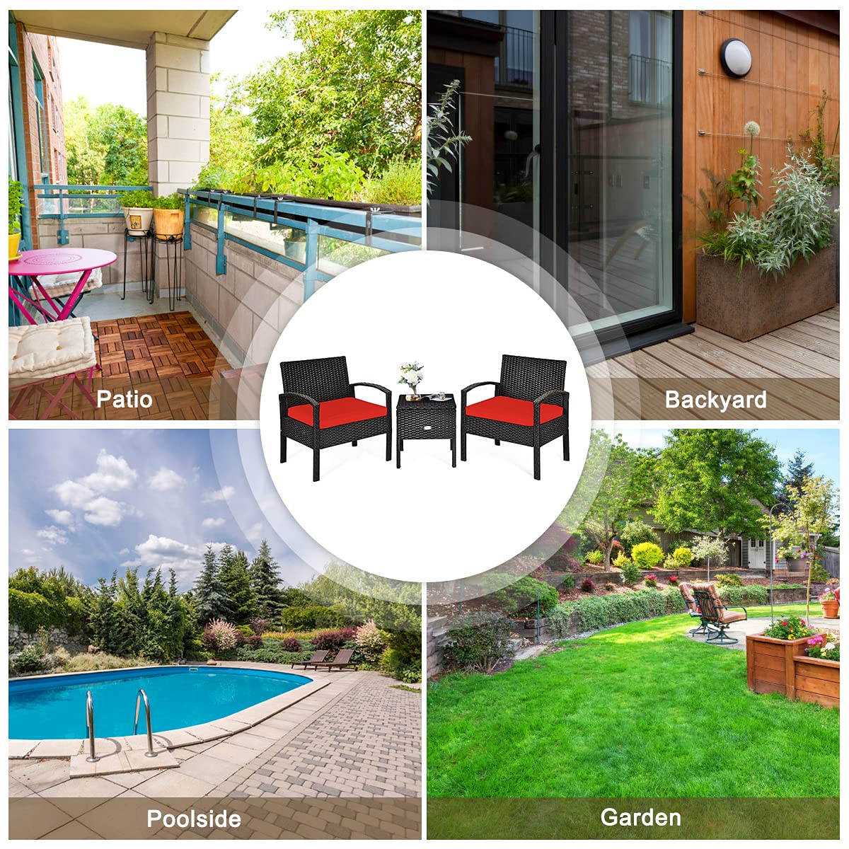 3-Piece Patio Furniture Set - PE Rattan Outdoor Conversation Set with Washable Removable Cushions & Coffee Table with Storage Space - Wicker Sofa Set for Garden, Poolside, Balcony, Backyard (Red) - Perfect for Outdoor Relaxation, Entertaining Guests, and Lounging by the Pool